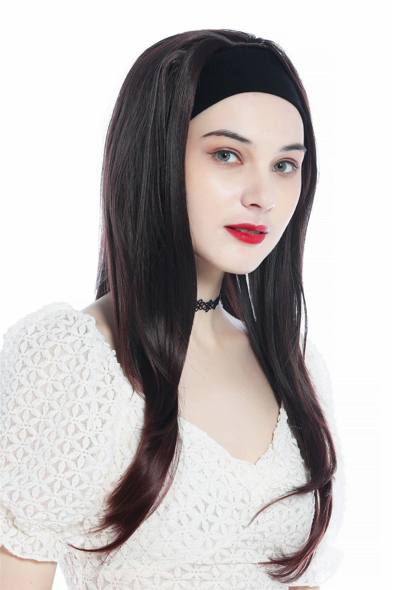 hochwertige Qualitätsperücken, Perücke Halbperücke Stirnband lang glatt Mahagoni Braun Mix H9306-2T33, Ansicht 2, WIG ME UP: Ihr Perücken Online Shop glatte Tressen-Perücke mit Stirnband Schwarzbraun-Rotbraun-Mix lange Haare für Damen