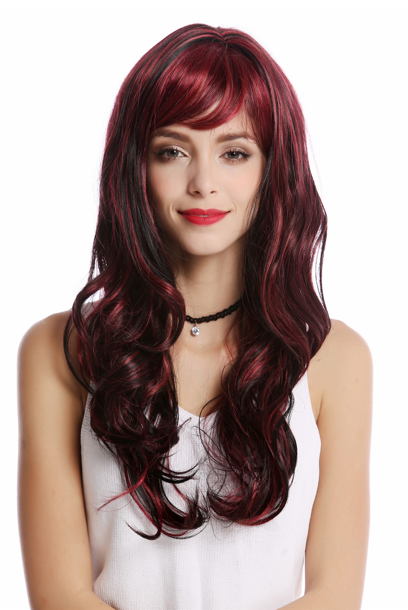 Lady  Wig long wavy slight curl bangs black streaked with burgundy red highlights, view 2, WIG ME UP: Your Perücken Online Shop Quality Wigs, Ladies, black-red mix, wavy, long
