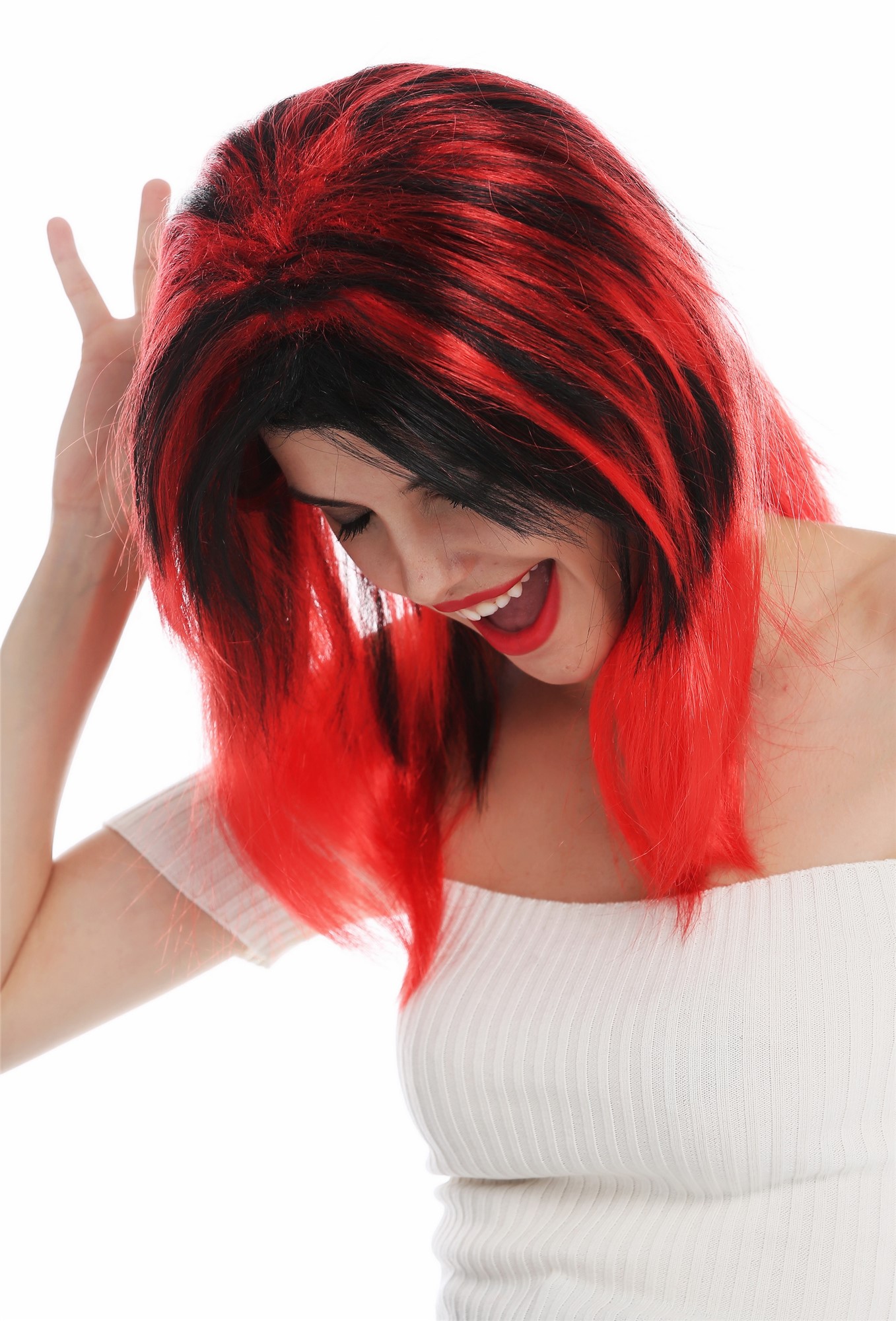günstige Party Perücke, Perücke lang glatt Mittelscheitel schwarz rot gesträhnt Teufelin 63040-P103-13, Ansicht 2, WIG ME UP: Ihr Perücken Online Shop glatte Party Perücke Tiefschwarz-Knallrot-Mix schulterlange Haare für Damen