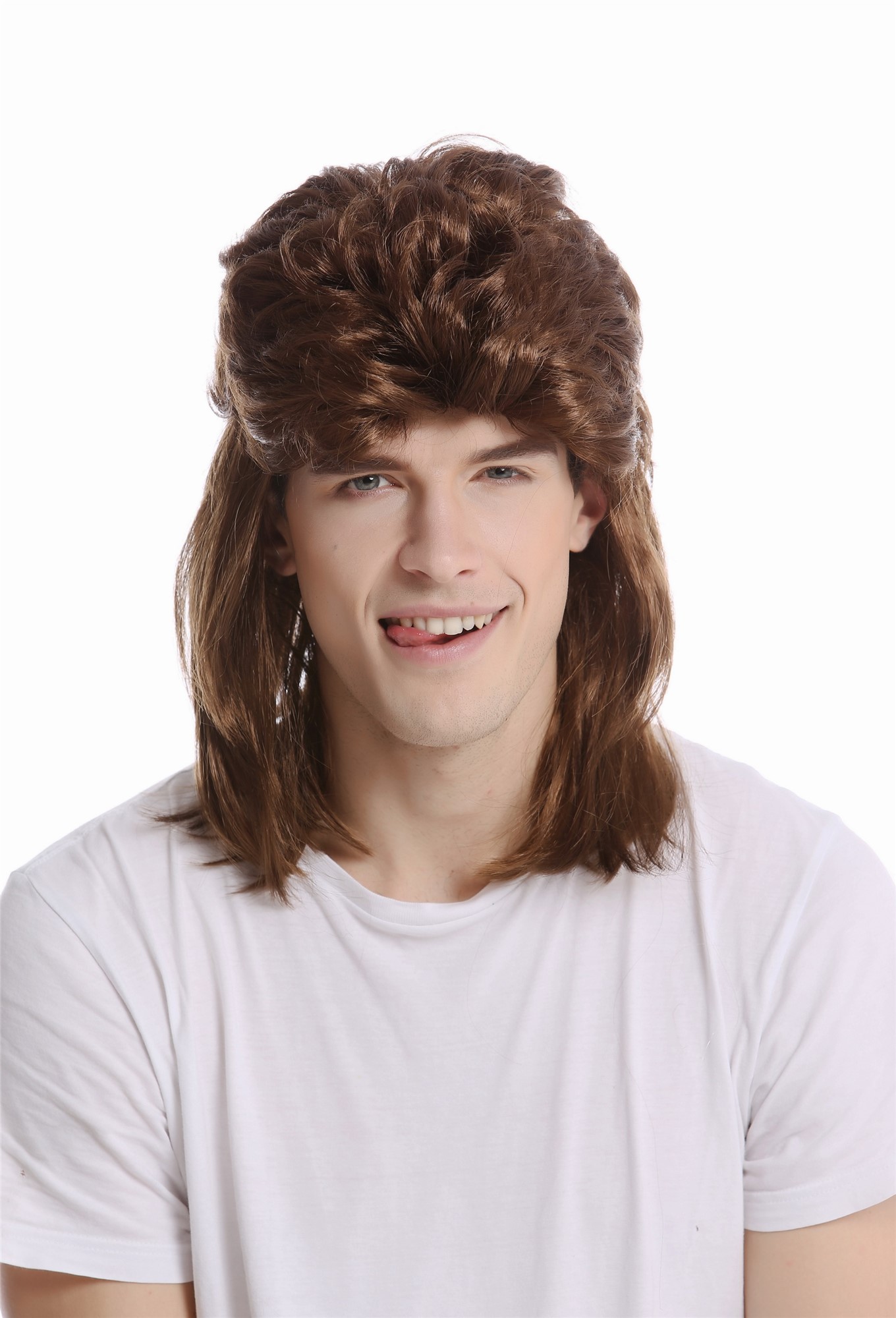 günstige Party Perücke, Perücke Vokuhila 80er Proll Braun toupiert aufgebürstet G-2-ZA6, Ansicht 2, WIG ME UP: Ihr Perücken Online Shop wellige Party Perücke Braun schulterlange Haare Unisex