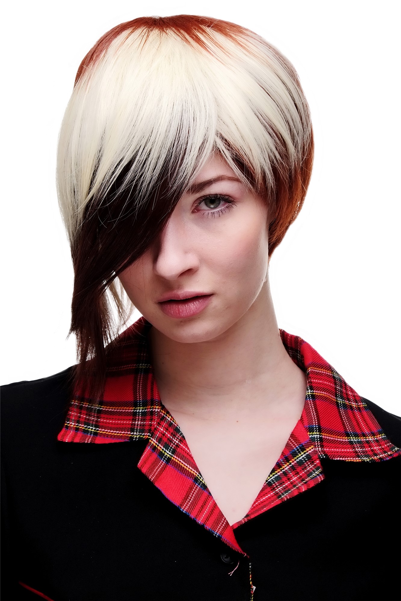 hochwertige Qualitätsperücken, Perücke Cosplay kurz Rot Rotbraun Platin SA061-33-350-613, Vorderansicht, WIG ME UP: Ihr Perücken Online Shop glatte Tressen-Perücke Kastanie-Kupferrot-Platinblond-Mix kurze Haare für Damen