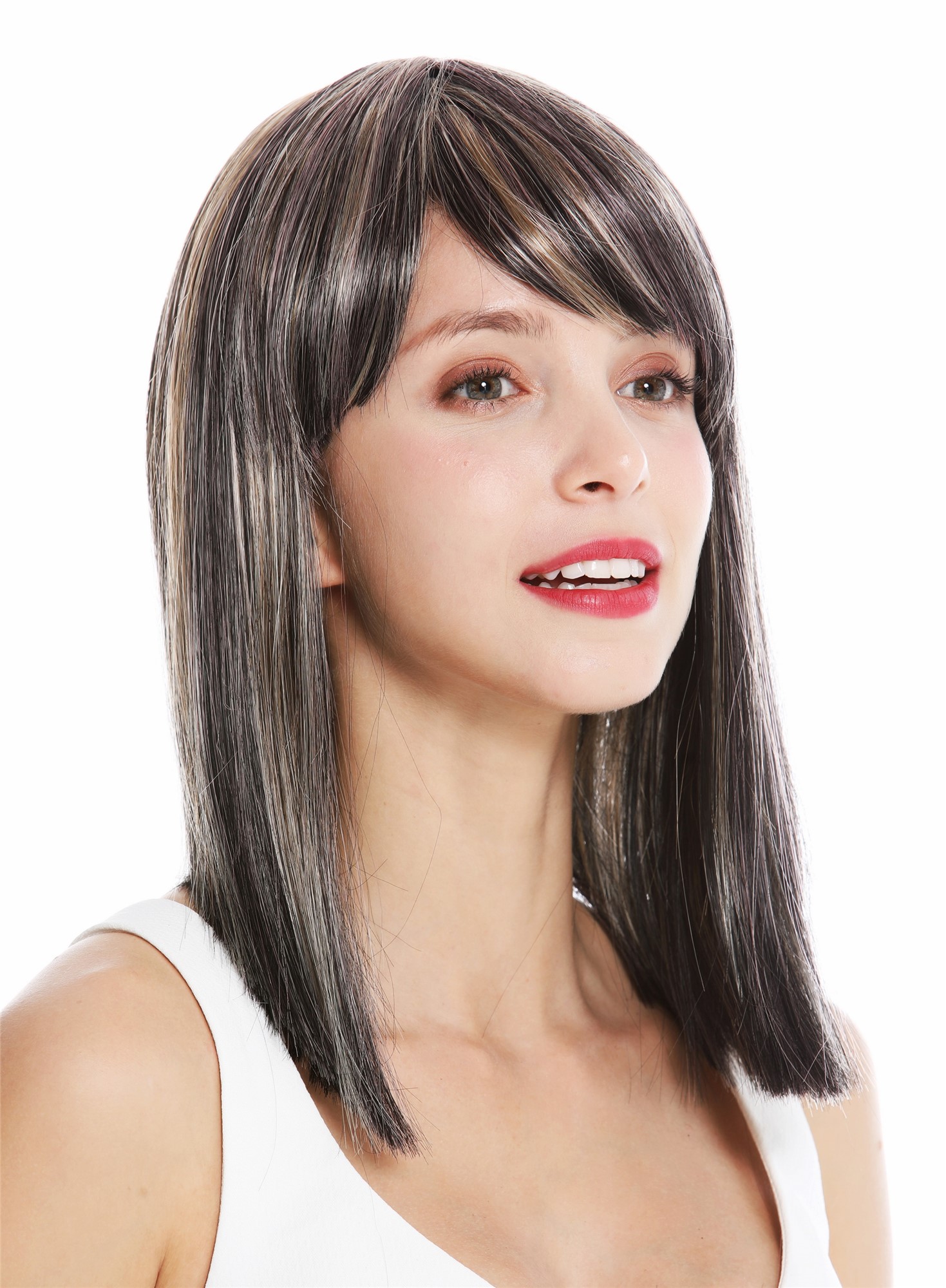 hochwertige Qualitätsperücken, Perücke schulterlang glatt schwarz rosa blond gesträhnt VK-5-1BHT2312-27T613, Ansicht 3, WIG ME UP: Ihr Perücken Online Shop glatte Tressen-Perücke mit Kopfhaut-Imitat Blond-Schwarz-Rosa-Mix schulterlange Haare für Damen
