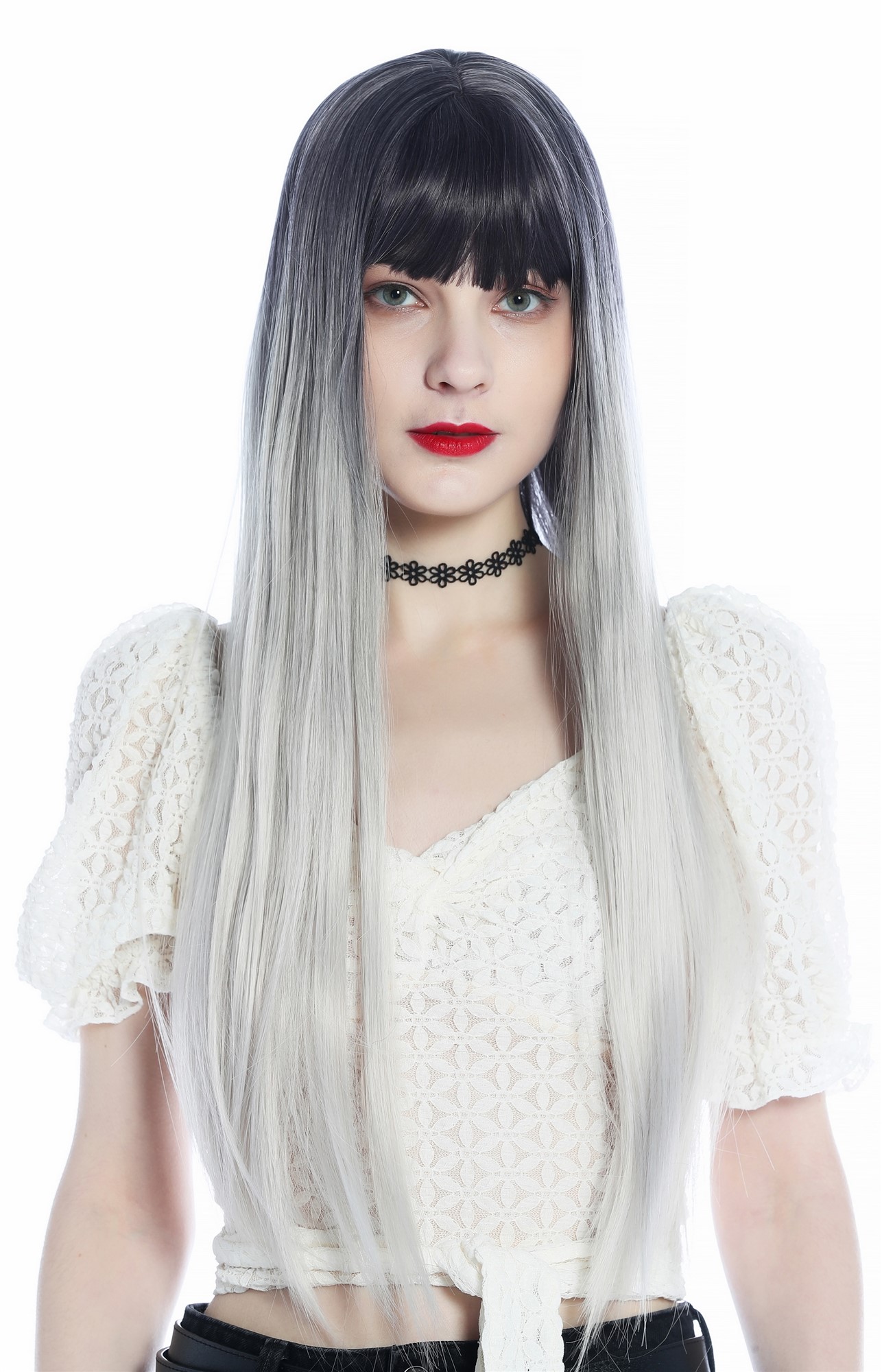 hochwertige Qualitätsperücken, Perücke lang glatt Pony Ombre Violett-Schwarz Silberblond SZL0807B-T-001, Ansicht 6, WIG ME UP: Ihr Perücken Online Shop glatte Tressen-Perücke mit Kopfhaut-Imitat Blauschwarz-Silberblond-Verlauf lange Haare für Damen