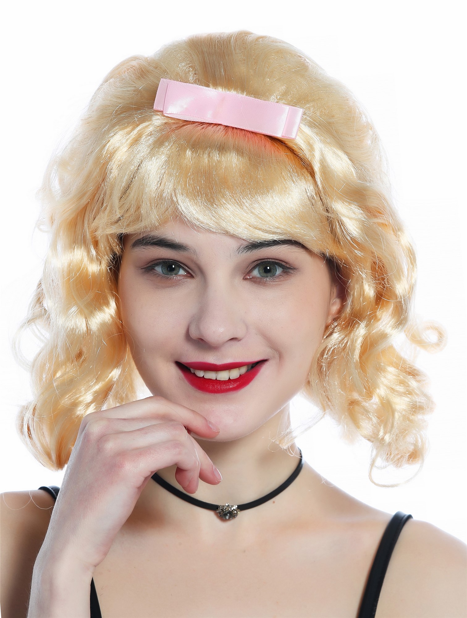 günstige Party Perücke, Perücke 50er Rockabilly Locken Hellblond Schlaufe Beehive 91734-ZA02, Vorderansicht, WIG ME UP: Ihr Perücken Online Shop wellige Party Perücke Hellblond kurze Haare für Damen