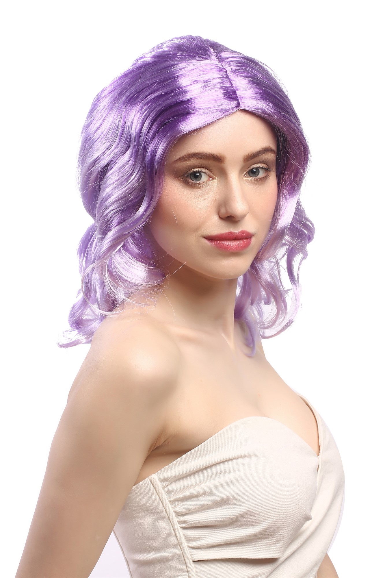 Lady Party Wig Halloween Fancy Dress Cosplay fantasy Fairy wavy middle parting light purple mix, front view, WIG ME UP: Your Perücken Online Shop Party Wig, Ladies, Purple, wavy, shoulder-length