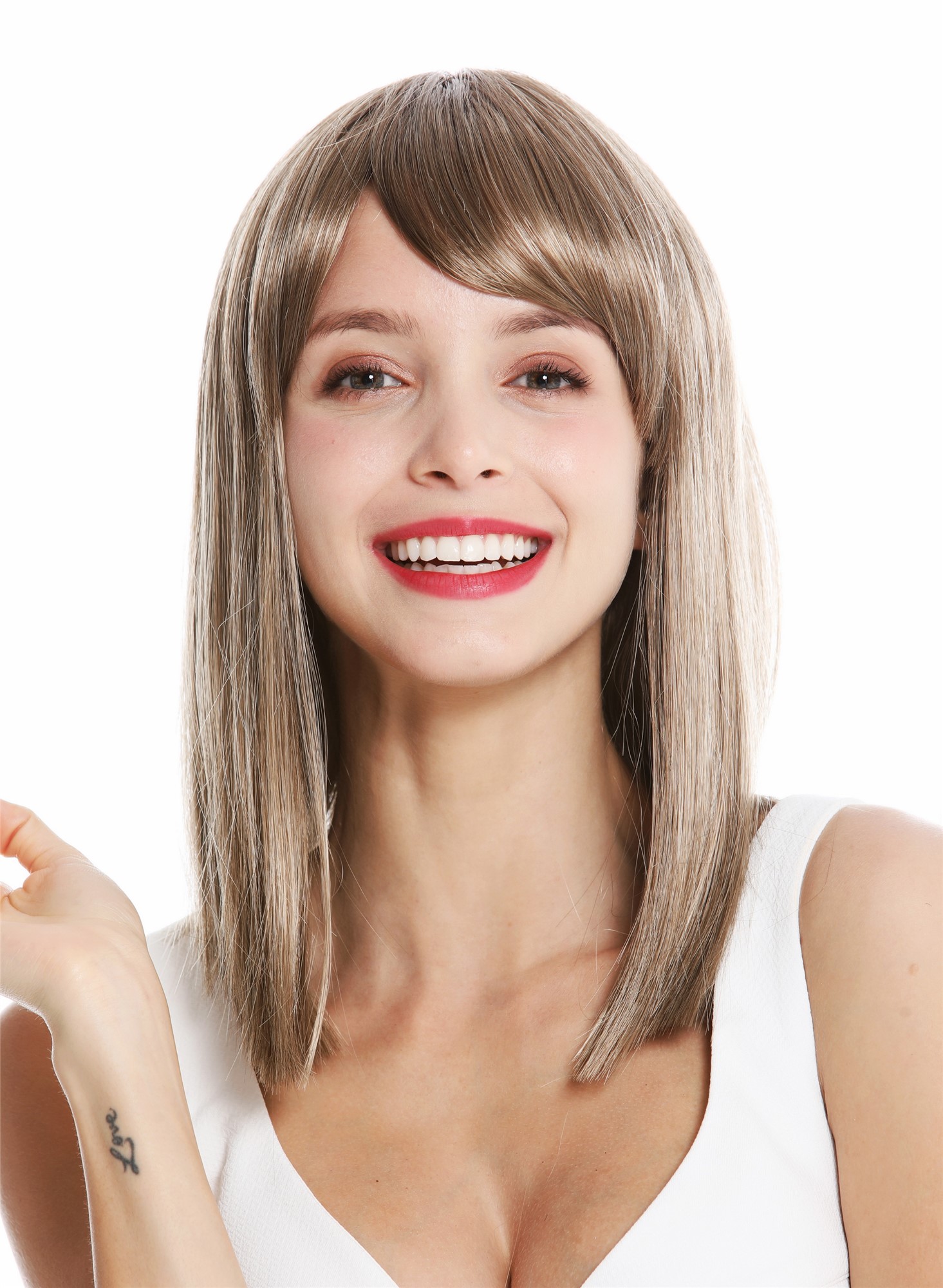 hochwertige Qualitätsperücken, Perücke schulterlang glatt braun blonde Highlights VK-5-14H24, Vorderansicht, WIG ME UP: Ihr Perücken Online Shop glatte Tressen-Perücke mit Kopfhaut-Imitat Braun-Blond-Mix schulterlange Haare für Damen