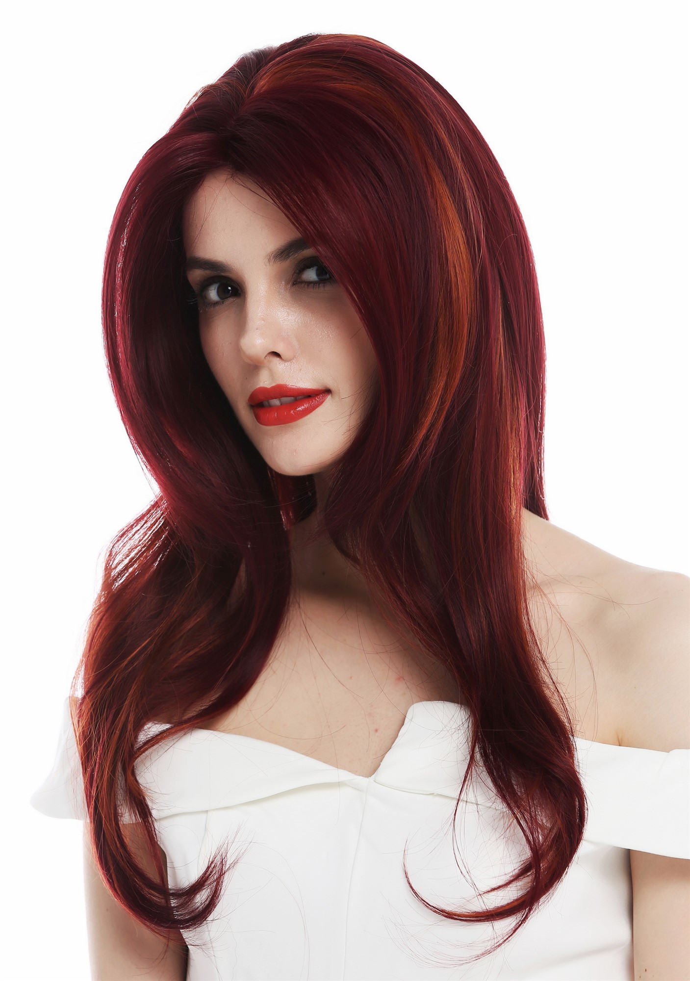 Lady wig lace front long sleek layered Bordeaux copper orange red mix TYM-922-LF, front view, WIG ME UP: Your Perücken Online Shop Quality Wigs, Ladies, red mix, wavy, long