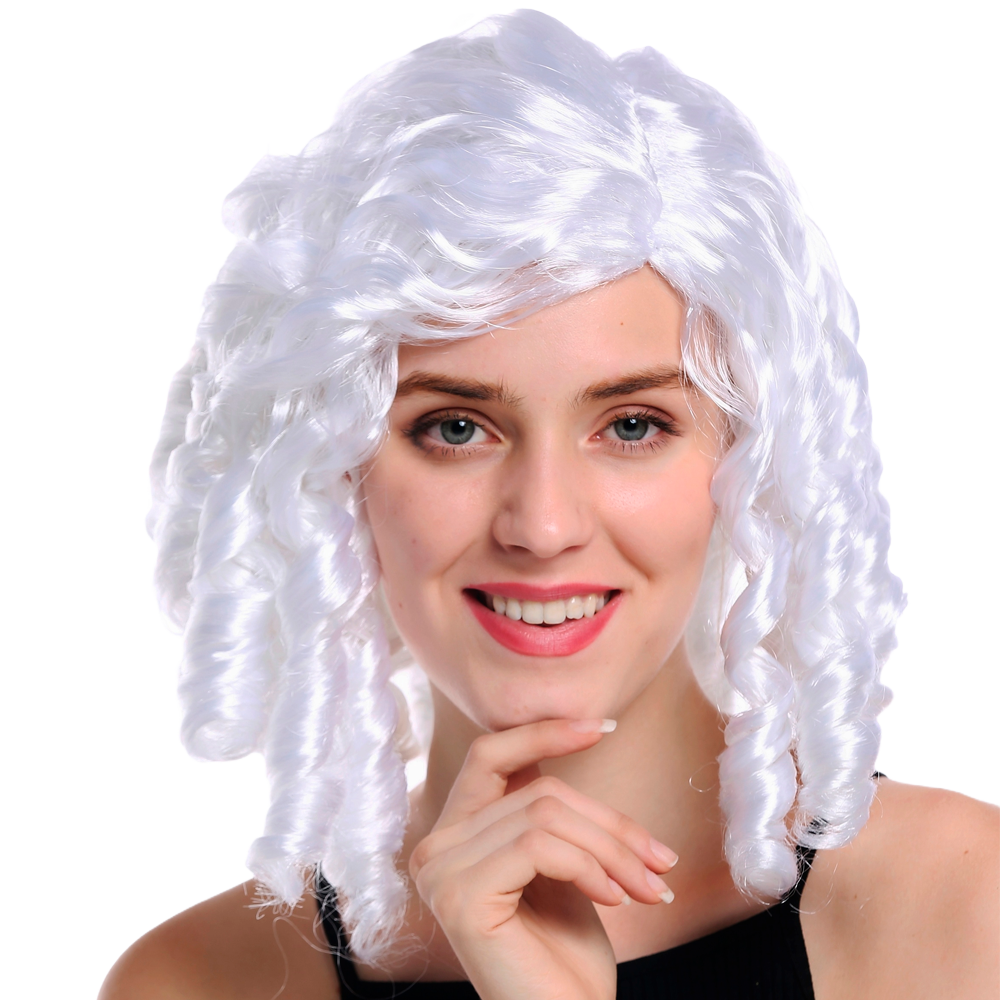 Weiße Perücke mit schulterlangen Korkenzieher-Locken und einem Seitenscheitel