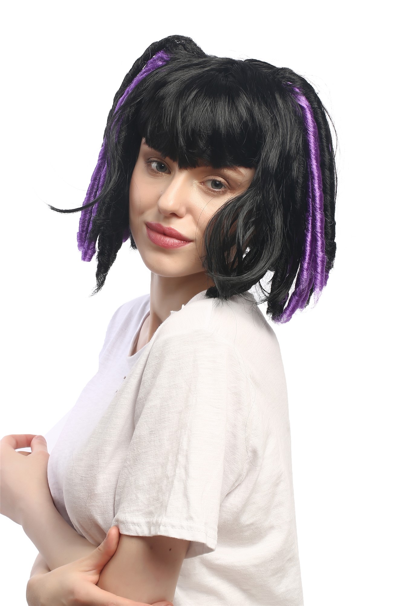 günstige Party Perücke, Perücke Zöpfe Schwarz Violett Cosplay 3160-P103-P08A, Ansicht 2, WIG ME UP: Ihr Perücken Online Shop lockige Party Perücke Schwarz kurze Haare für Damen