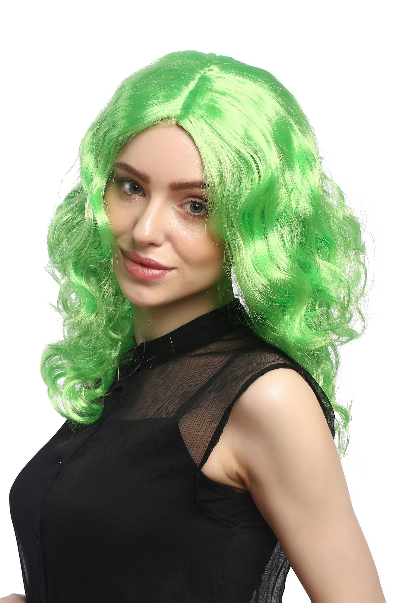 Lady Party Wig Halloween Fancy Dress long very voluminous curly curls middle-parting green 20", front view, WIG ME UP: Your Perücken Online Shop Party Wig, Ladies, light green, curled, long