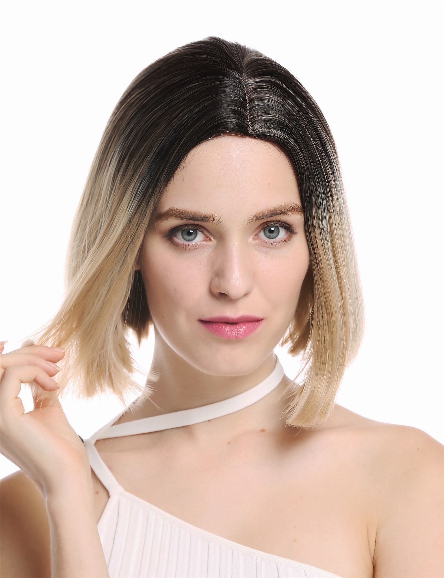 Lady wig short longbob middle parting sleek ombre black blond highlights GFW2933, front view, WIG ME UP: Your Perücken Online Shop Quality Wigs, Ladies, brown-blonde-black mix, straight, short