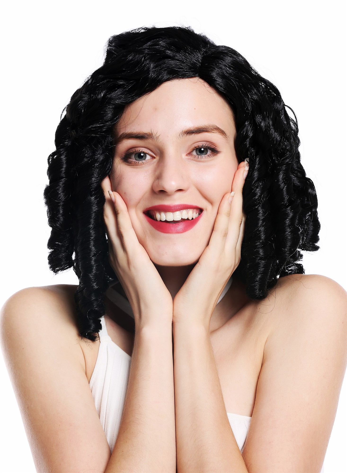 Women's party wig Baroque Gothic Lolita cosplay corkscrew curls black 91308, front view, WIG ME UP: Your Perücken Online Shop Party Wig, Ladies, pitch black, curled, shoulder-length