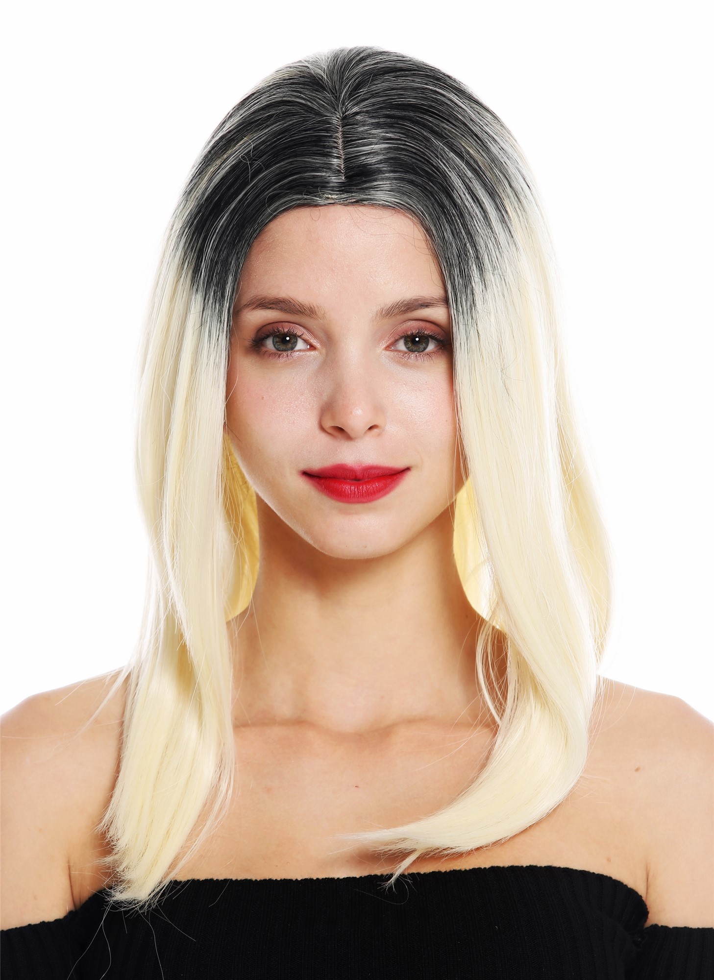 Women's wig lady long sleek middle parting ombre black light blonde GFW2468, front view, WIG ME UP: Your Perücken Online Shop Quality Wigs, Ladies, blonde-black mix, straight, shoulder-length