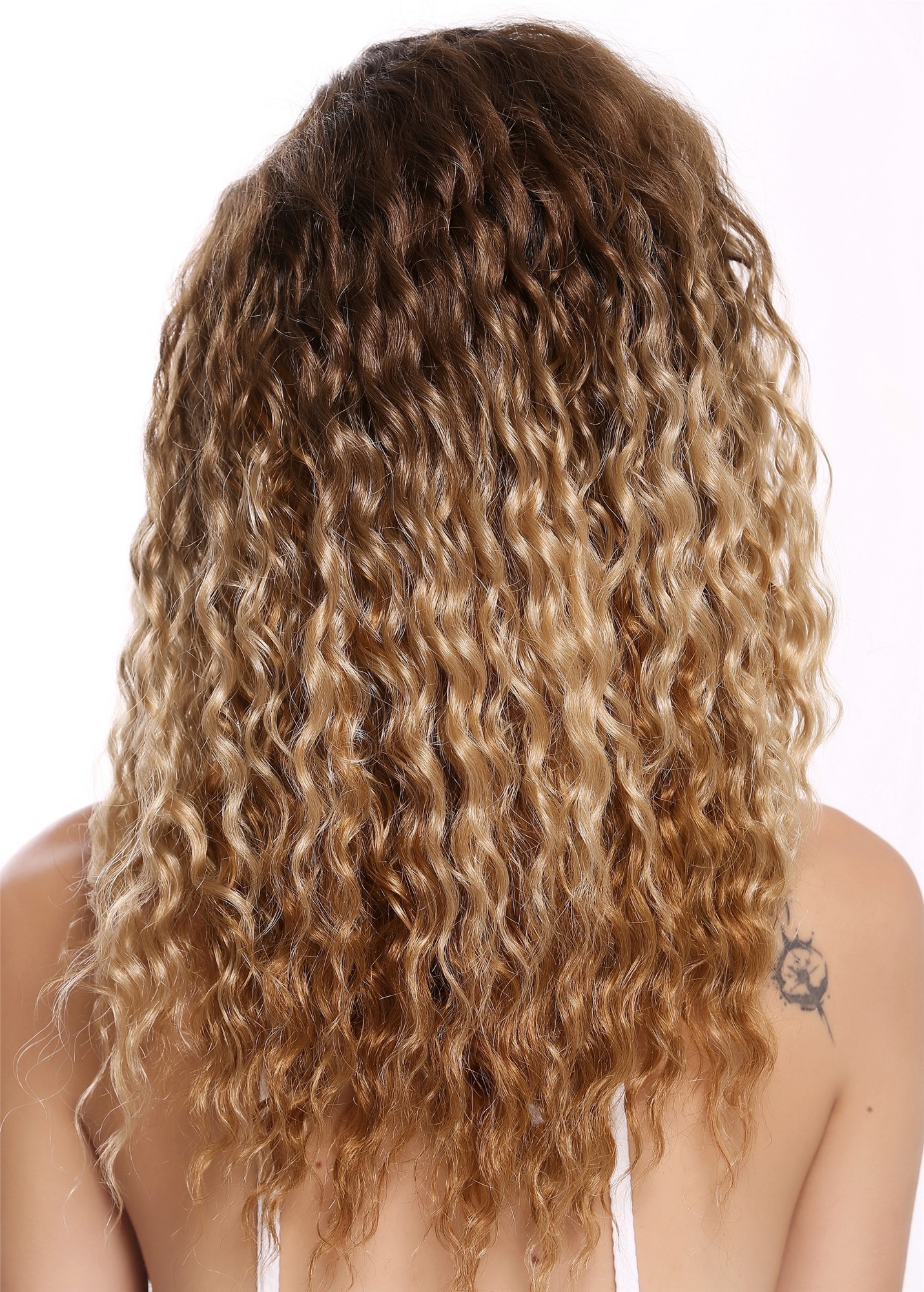 lockige Tressen-Perücke mit Kopfhaut-Imitat Dunkelbraun-Goldblond-Kupferblond-Mix lange Haare für Damen