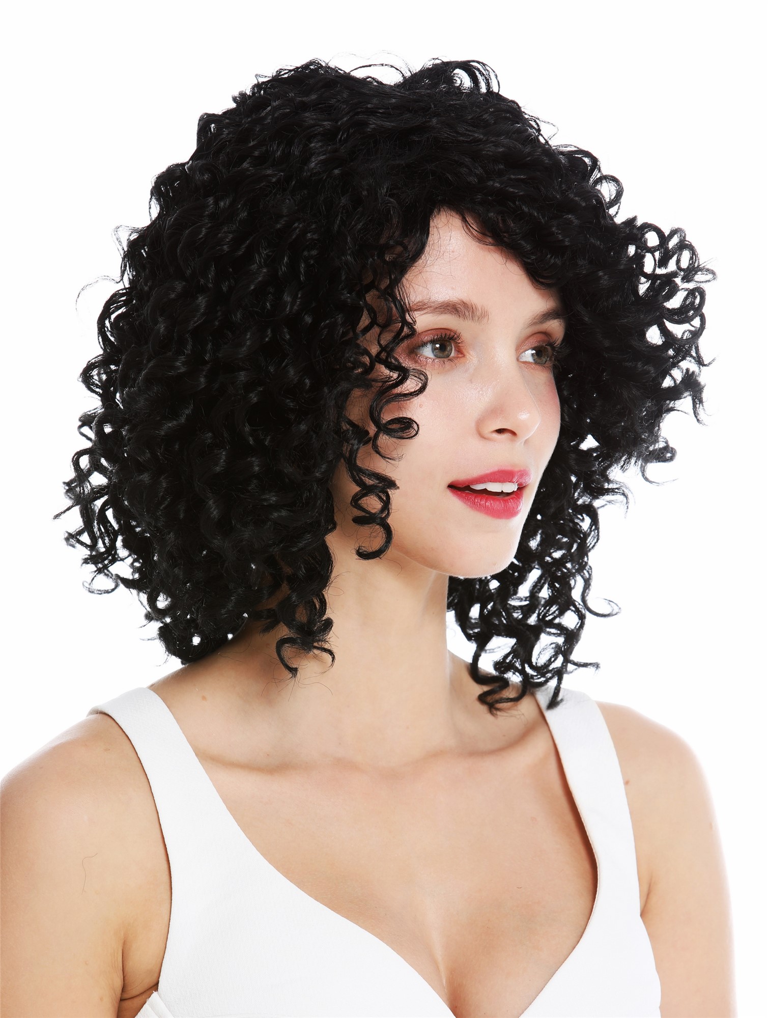 hochwertige Qualitätsperücken, Perücke Voluminös Locken Karibik Schwarz YZF-7283A-1, Ansicht 2, WIG ME UP: Ihr Perücken Online Shop lockige Tressen-Perücke Schwarz schulterlange Haare für Damen