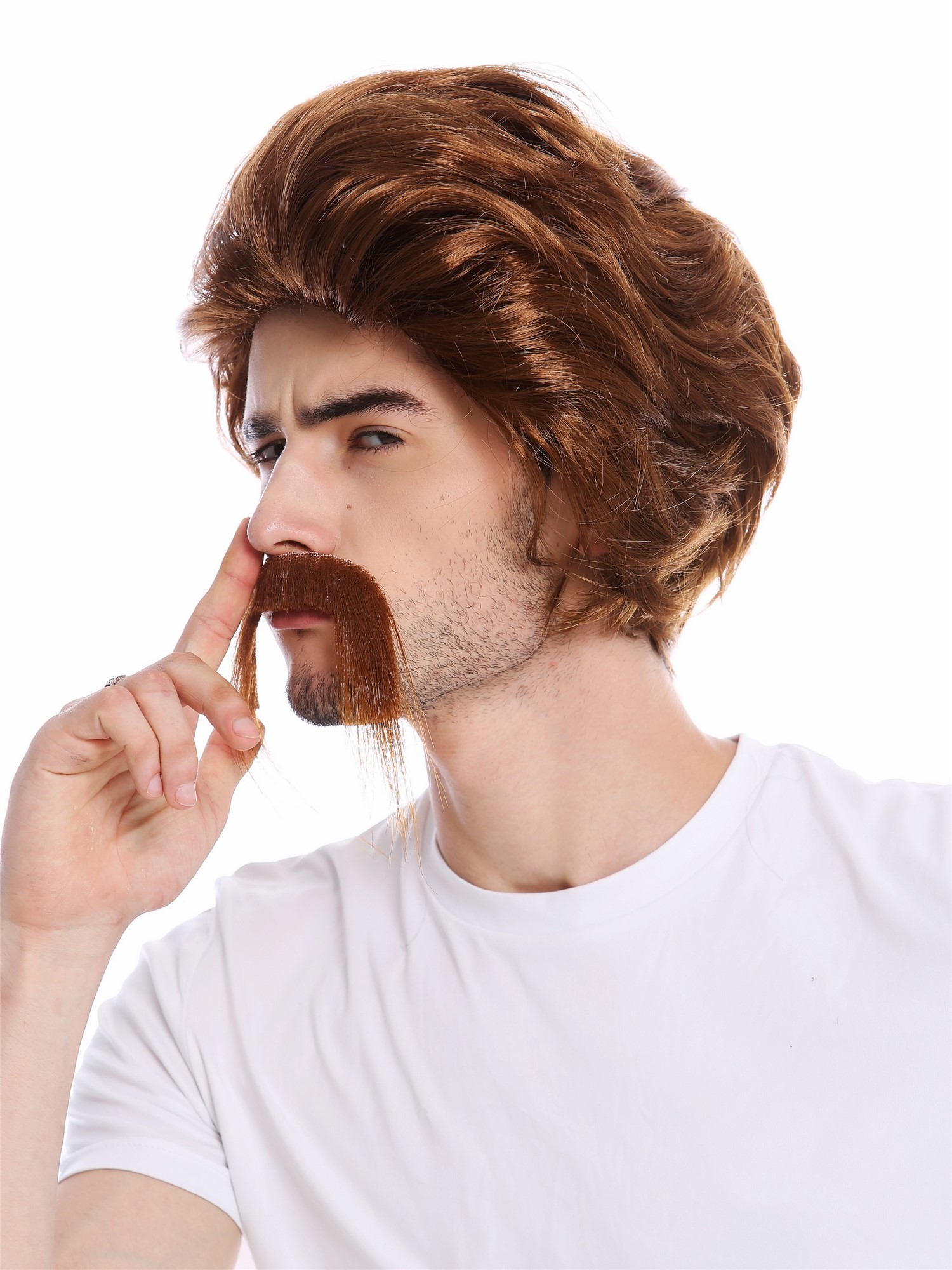 Wig & long Mustache Set Men Gaul Hun 70s Cop Detective Pimp brown 0025 , front view, WIG ME UP: Your Perücken Online Shop Party Wig, Men, Brown, wavy, short