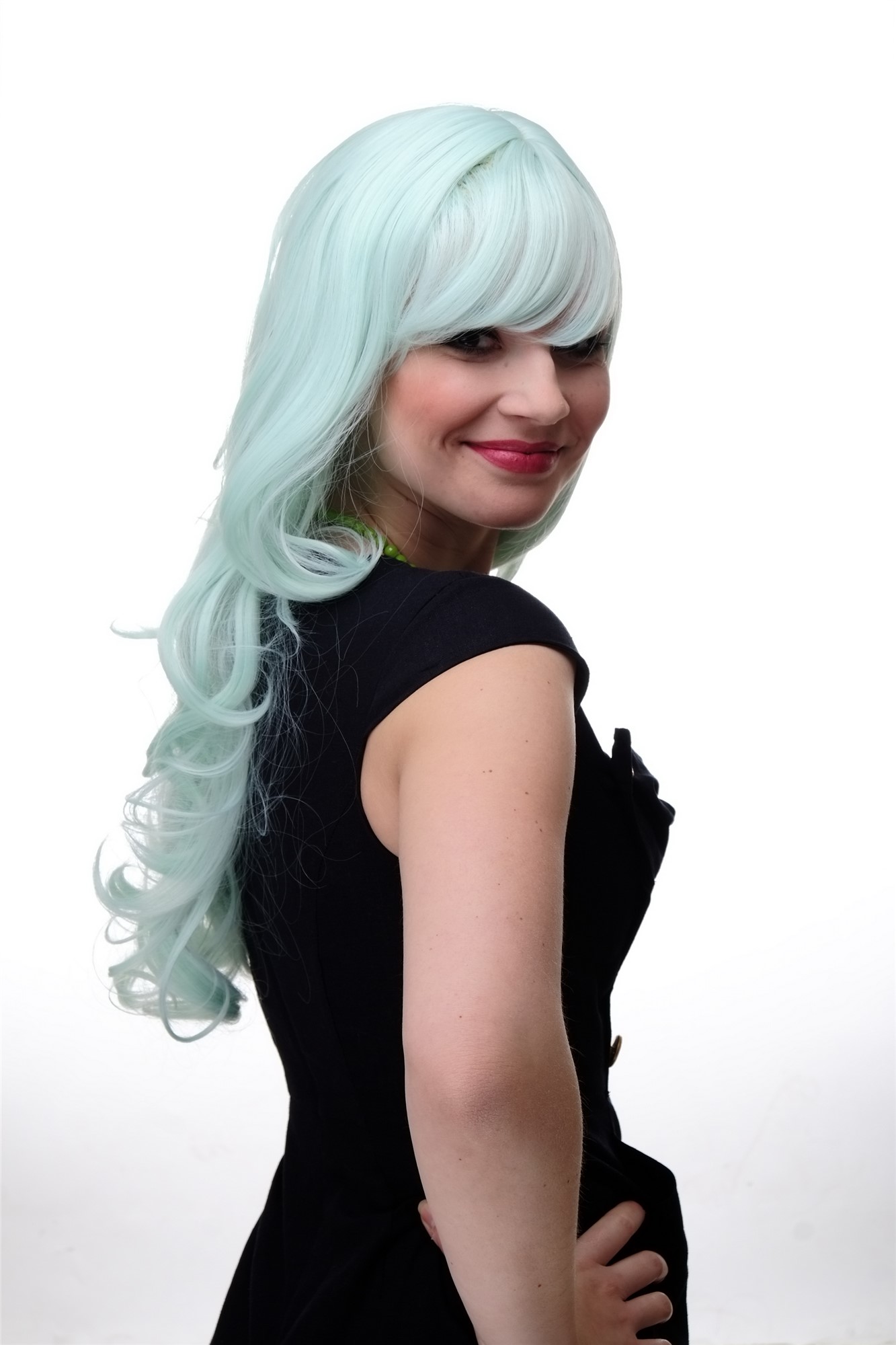 hochwertige Qualitätsperücken, Lange Damen Perücke mit großen kräftigen Locken Pony Grün Hellgrün 285-T5507, Ansicht 3, WIG ME UP: Ihr Perücken Online Shop lockige Tressen-Perücke mit Kopfhaut-Imitat Hellgrün lange Haare für Damen