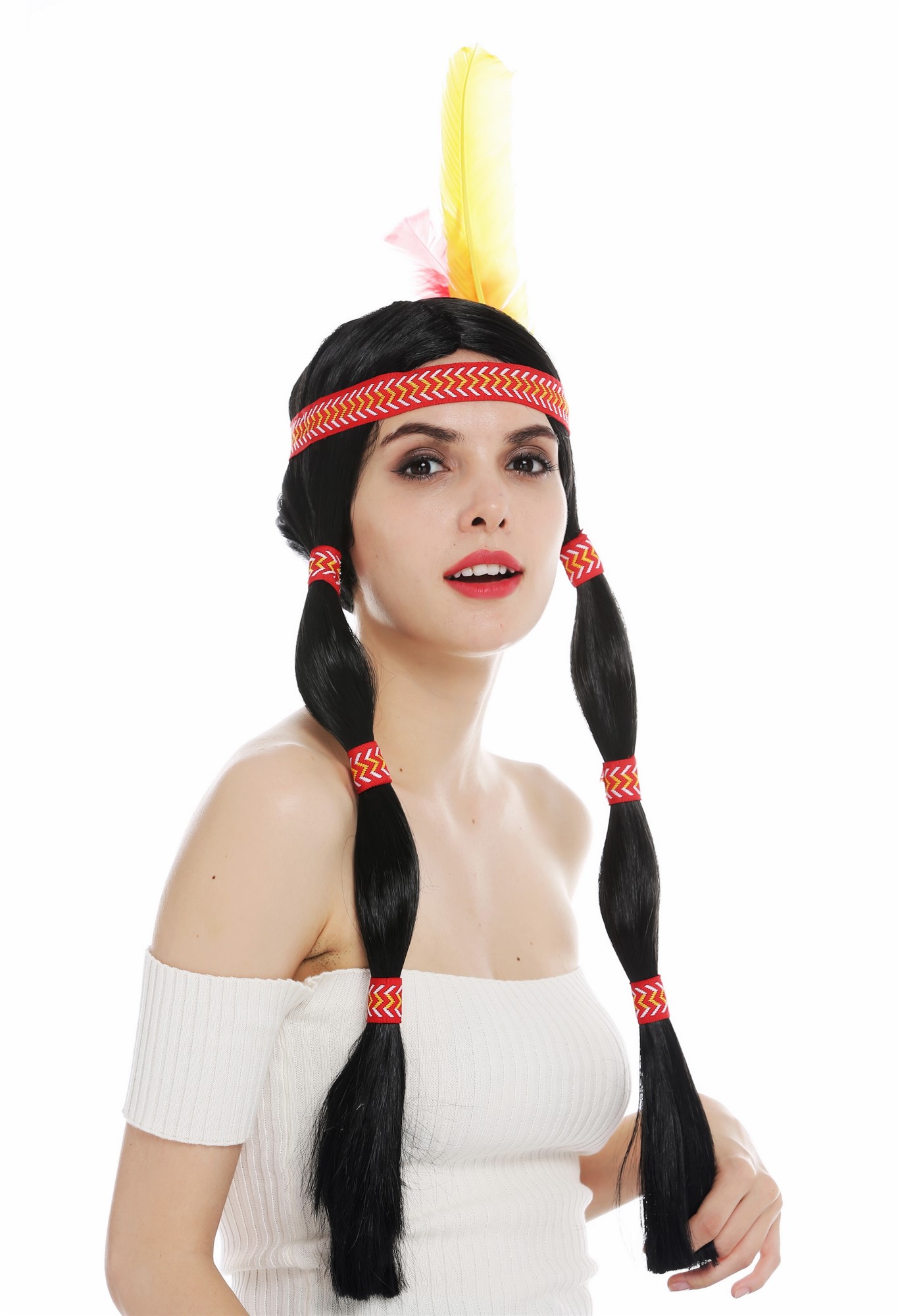 Women's wig Native American woman Wild West braids black head band feather 6081, view 5, WIG ME UP: Your Perücken Online Shop Party Wig, Ladies, pitch black, straight, long