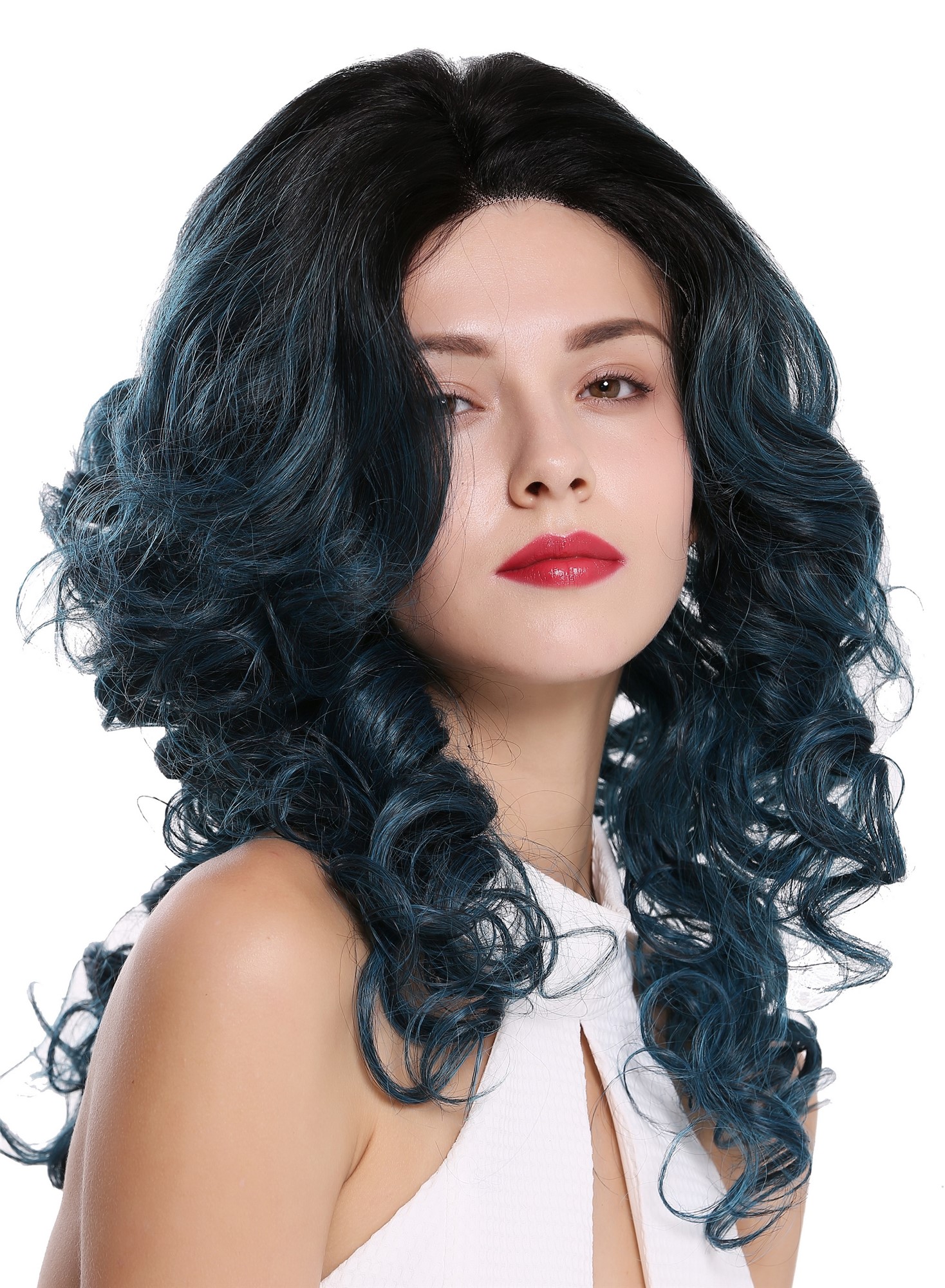 hochwertige Qualitätsperücken, Perücke Lace-Front Monofilament Locken Lang Schwarz Blau DW2610-MF-47-TT1B/DTEAL, Vorderansicht, WIG ME UP: Ihr Perücken Online Shop lockige Tressen-Perücke mit Teil-Mono Oberkopf, Front-Lace und als Befestigung mit Klebeflächen Samtschwarz-Ultramarinblau-Mix lange Haare für Damen
