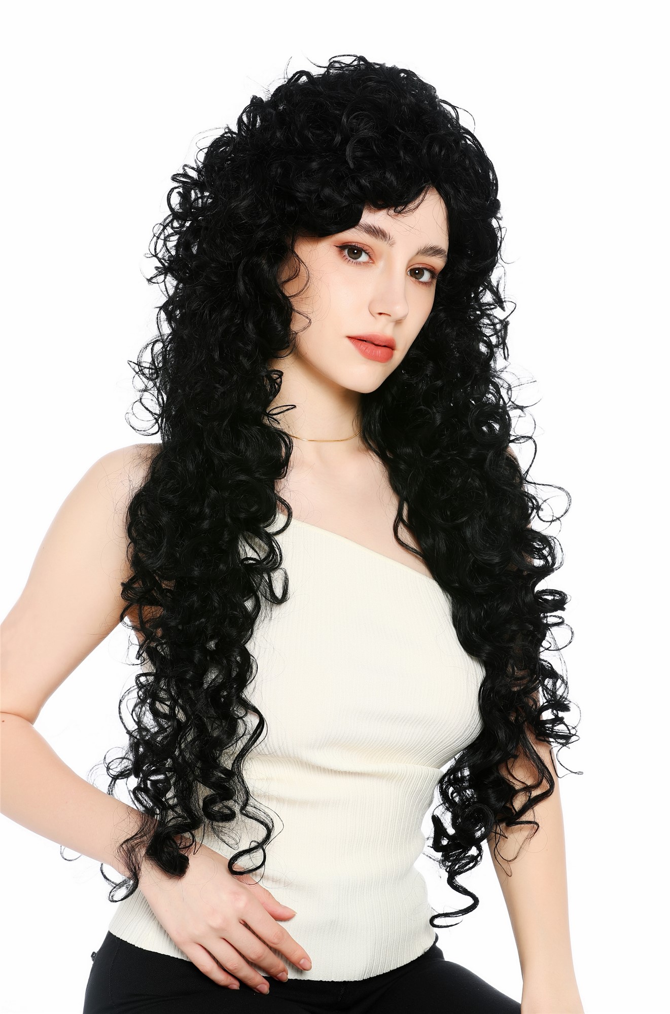 Perücke Damen sehr lang wild gelockt Locken Schwarz Tiefschwarz 80 cm VK-59-1