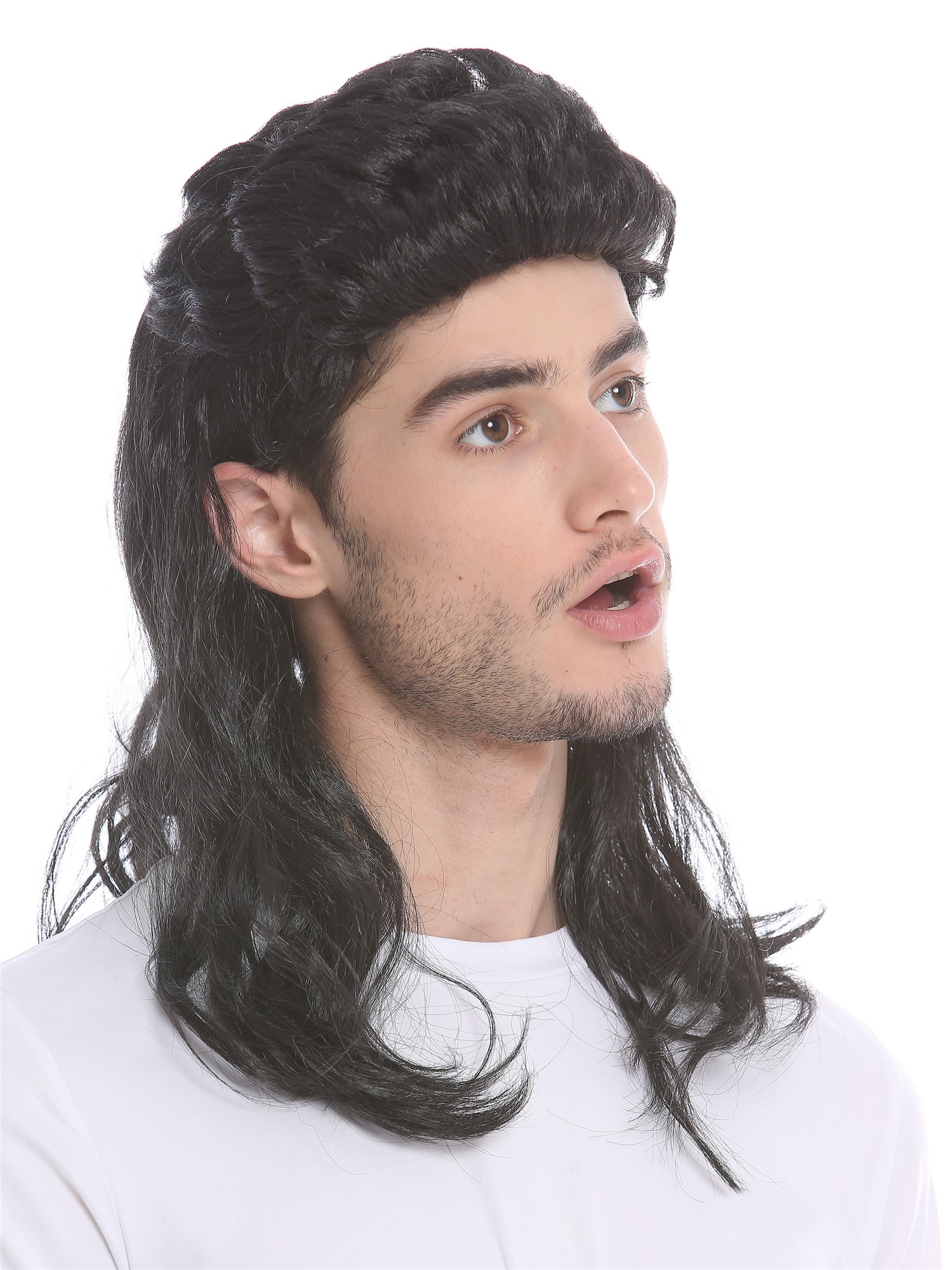 Women's wig men's wig carnival Halloween M´mullet black backcombed 1980's H20, front view, WIG ME UP: Your Perücken Online Shop Party Wig, Unisex, Black, wavy, shoulder-length