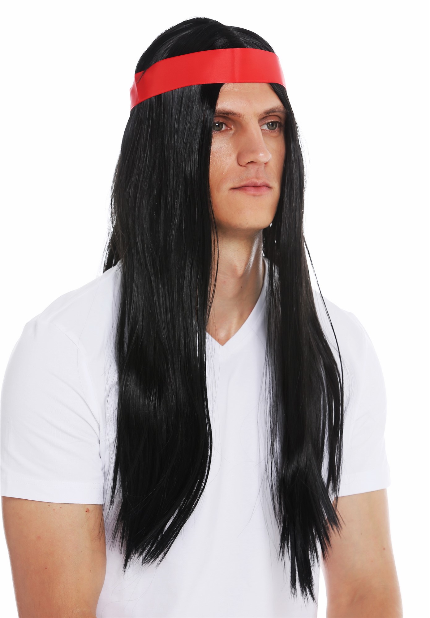 Wig men women 70's Native American black sleek middle parting head band 7093, front view, WIG ME UP: Your Perücken Online Shop Party Wig, Unisex, pitch black, straight, long