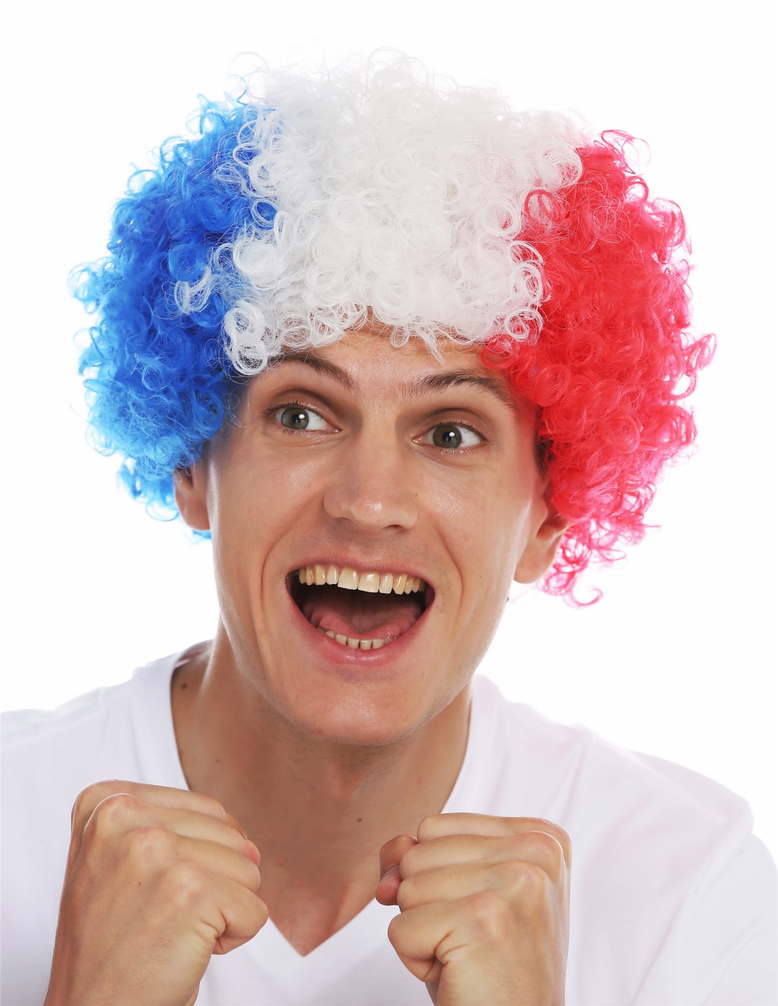 Fan wig afro soccer football world cup tricolor blue white red France MMAM-15M , front view, WIG ME UP: Your Perücken Online Shop Party Wig, Unisex, red-blue-white mix, curled, short