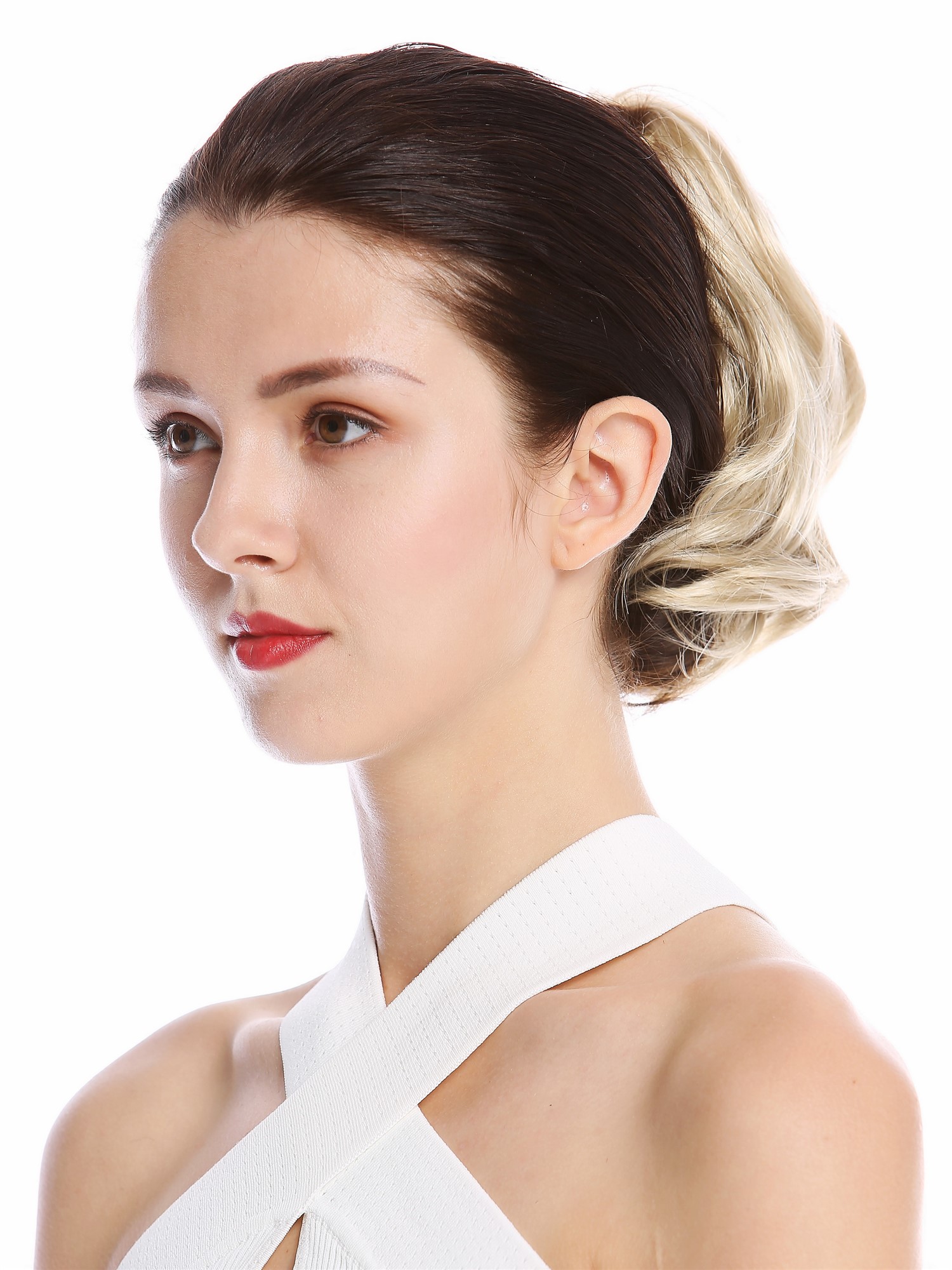 hochwertiger Zopf Pferdeschwanz kurz voluminös wellig Hellblond 1028-V-22, Ansicht 3, WIG ME UP: Ihr Perücken Online Shop glattes Zopf-Haarteil Aschblond 20 cm lang