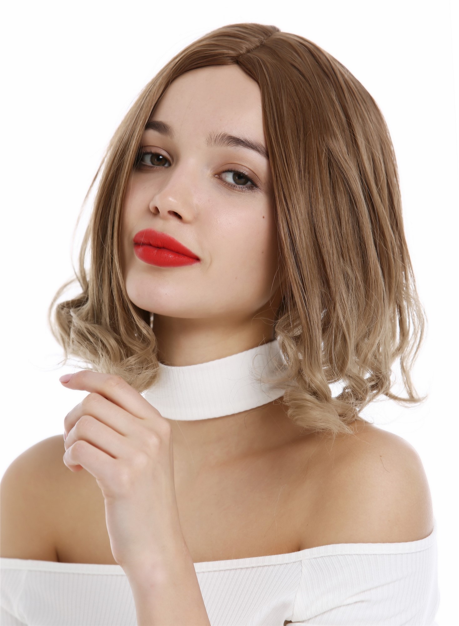 hochwertige Qualitätsperücken, Perücke kurz Bob Mittelscheitel gelockte Spitzen Braun Blond gesträhnt YZF-4369-12T16, Ansicht 2, WIG ME UP: Ihr Perücken Online Shop lockige Tressen-Perücke mit Kopfhaut-Imitat Hellbraun-Blond-Mix kurze Haare für Damen