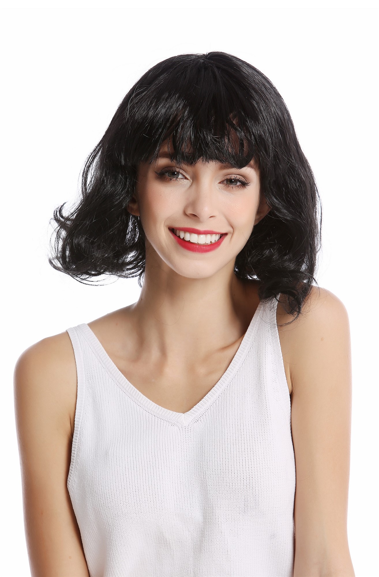 Wig Lady Women Halloween short Longbob Bob black curving tips bangs fringe 90793, view 3, WIG ME UP: Your Perücken Online Shop Party Wig, Ladies, Black, wavy, short