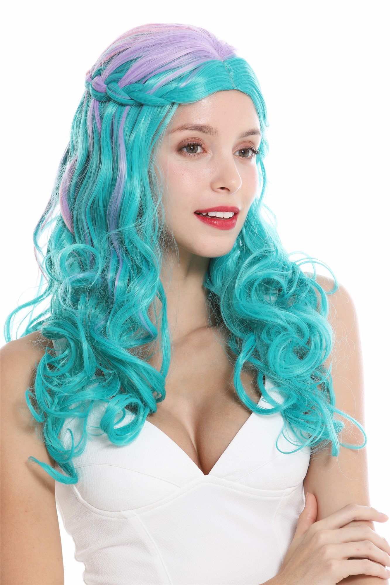 Lady wig fairytale cosplay long middle parting plaited green purple pink GFW3497, front view, WIG ME UP: Your Perücken Online Shop Quality Wigs, Ladies, green-purple-pink mix, Braided, long