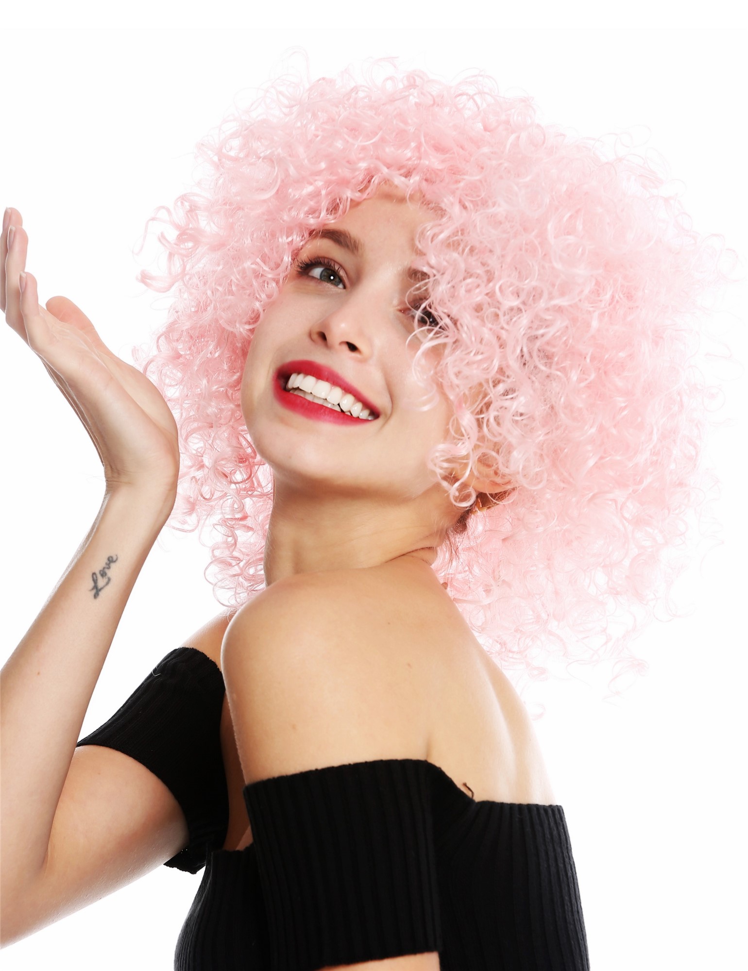 hochwertige Qualitätsperücken, Perücke kurz voluminös gelockt Rosa VK-11-T2333, Vorderansicht, WIG ME UP: Ihr Perücken Online Shop lockige Tressen-Perücke Hellrosa kurze Haare für Damen