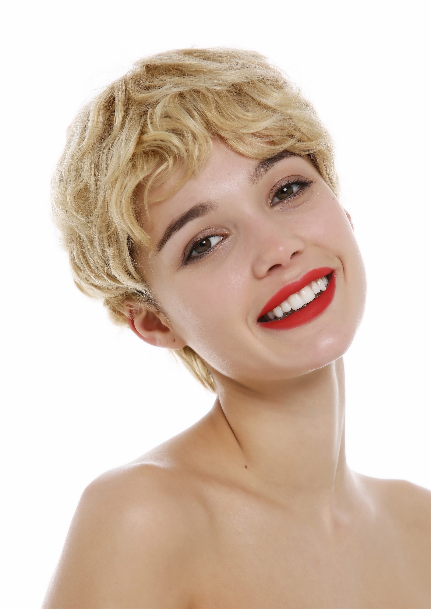 hochwertige Qualitätsperücken, Perücke Echthaar Damen Herren kurz Pixie wild wellig Blond gesträhnt BHH-11-24H613, Vorderansicht, WIG ME UP: Ihr Perücken Online Shop wellige Tressen-Perücke Aschblond-Platinblond-Mix kurze Haare für Damen