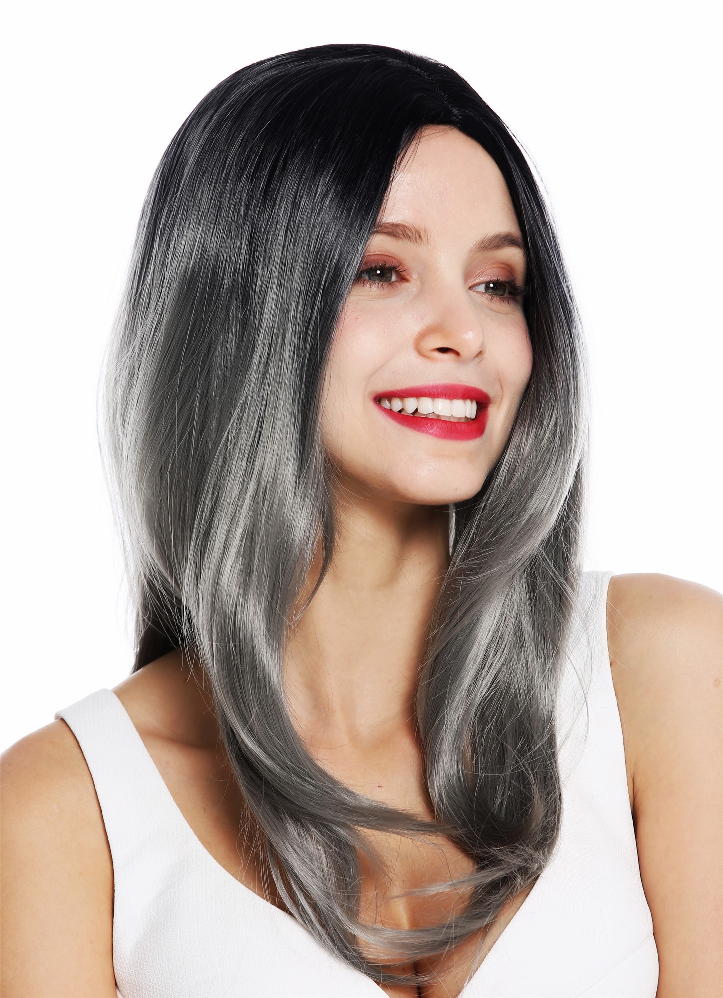 Women's wig lady long sleek middle parting ombre balayage black grey ZM-1811, front view, WIG ME UP: Your Perücken Online Shop Quality Wigs, Ladies, black-gray mix, straight, long