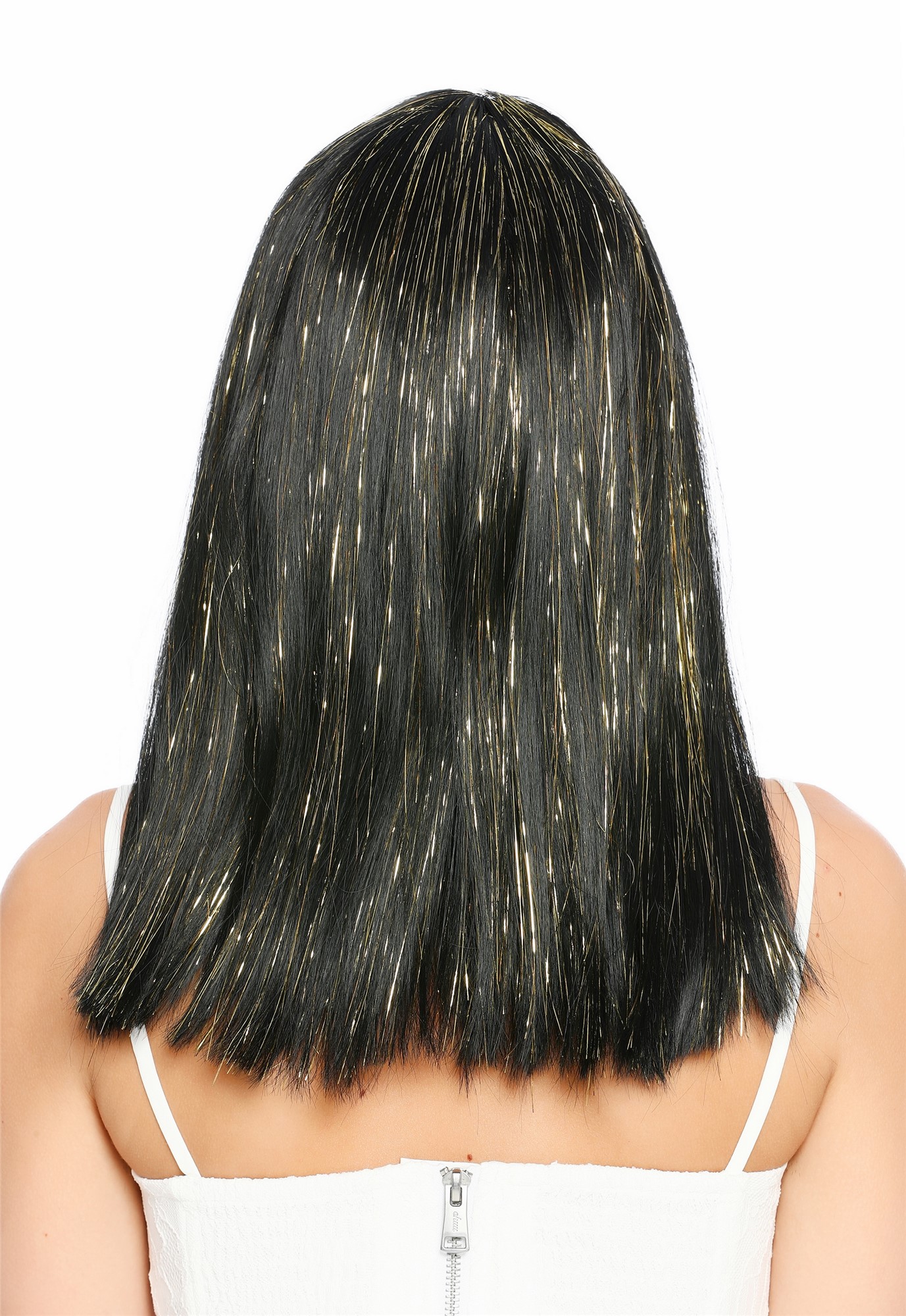 glatte Party-Perücke Schwarz mit Gold-Strähnen 50 cm lange Perücke für Damen