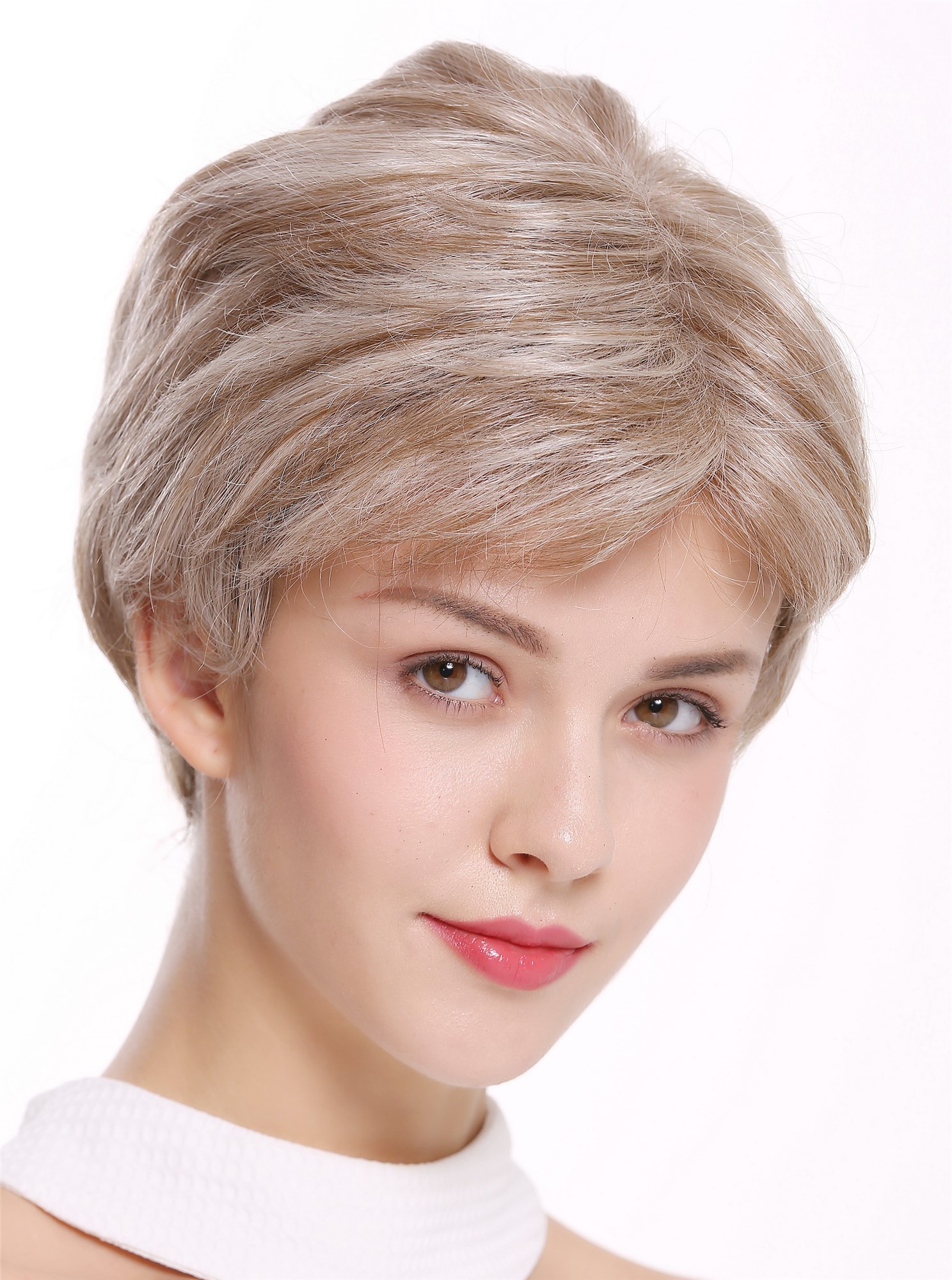 Lady wig bob short sleek parting lady monofilament blonde highlights SARA-MF, front view, WIG ME UP: Your Perücken Online Shop Quality Wigs, Ladies, silver blonde-light brown mix, straight, short