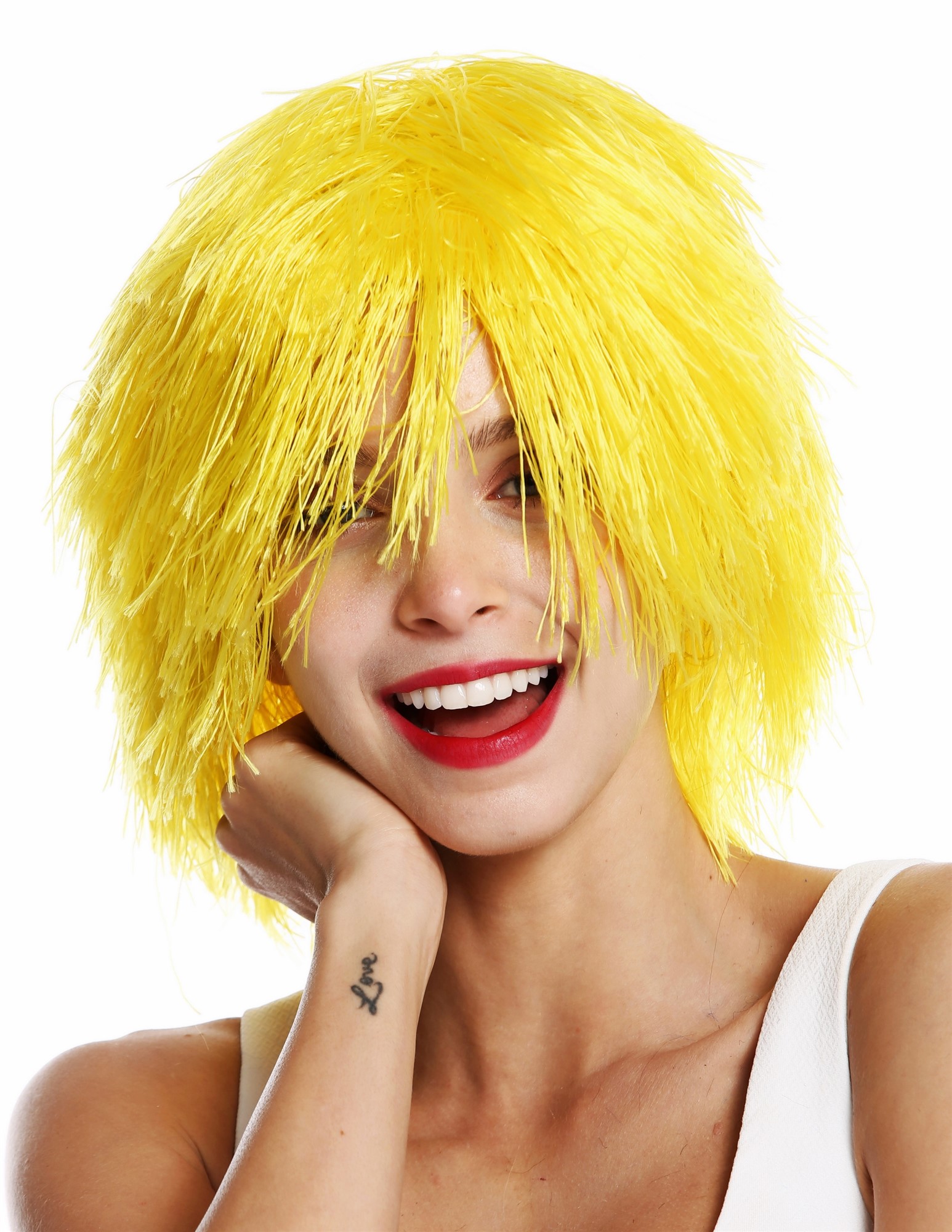 günstige Party Perücke, Perücke Struppig Wild Voluminös Clown Kobold Gelb MMSLW-K3070, Ansicht 2, WIG ME UP: Ihr Perücken Online Shop wellige Party Perücke Knallgelb kurze Haare Unisex