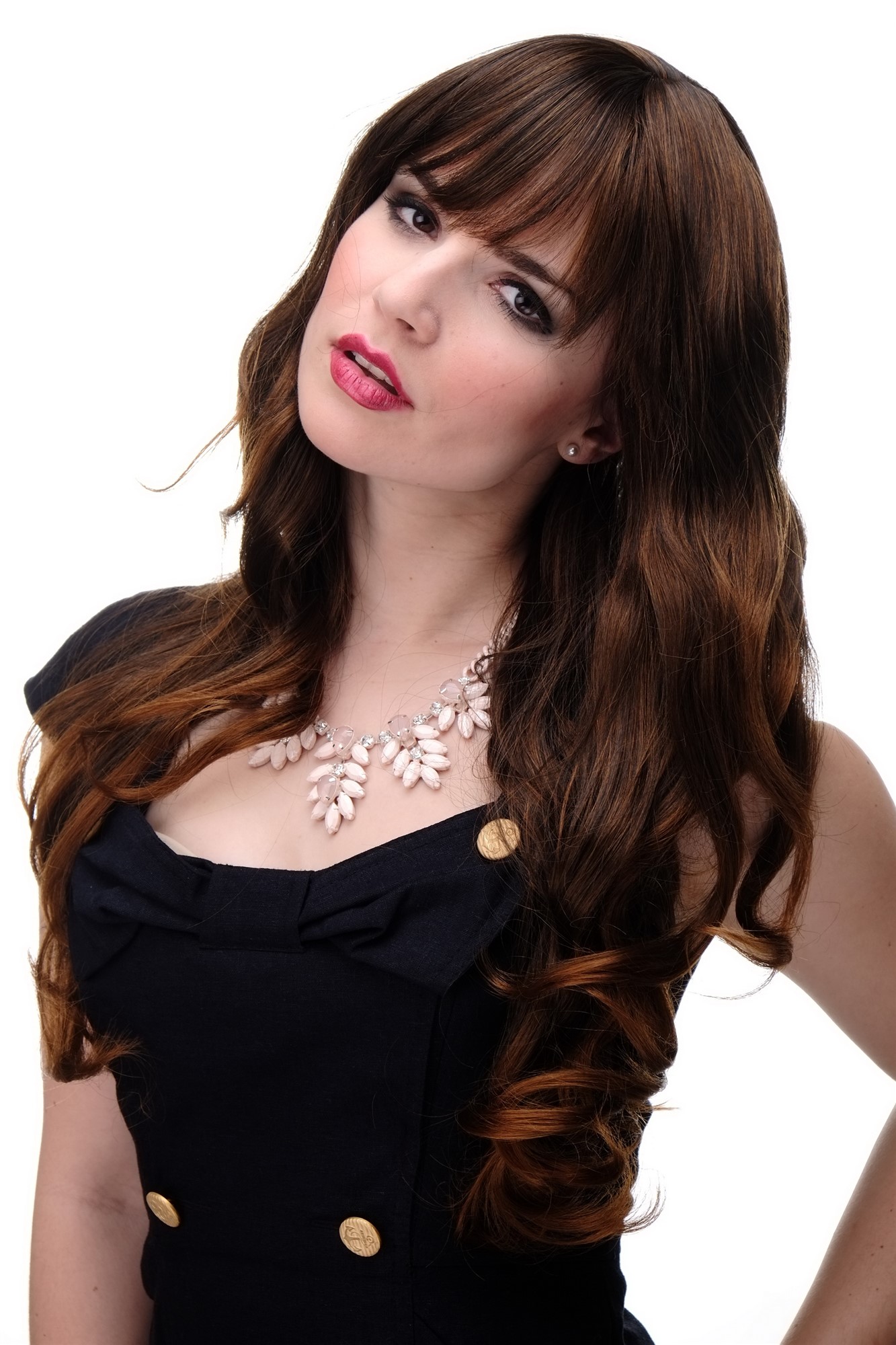 Lady wig very long curling tips straight top fringe bangs chestnut brown mix 285, front view, WIG ME UP: Your Perücken Online Shop Quality Wigs, Ladies, black-brown-copper-brown mix, curled, long
