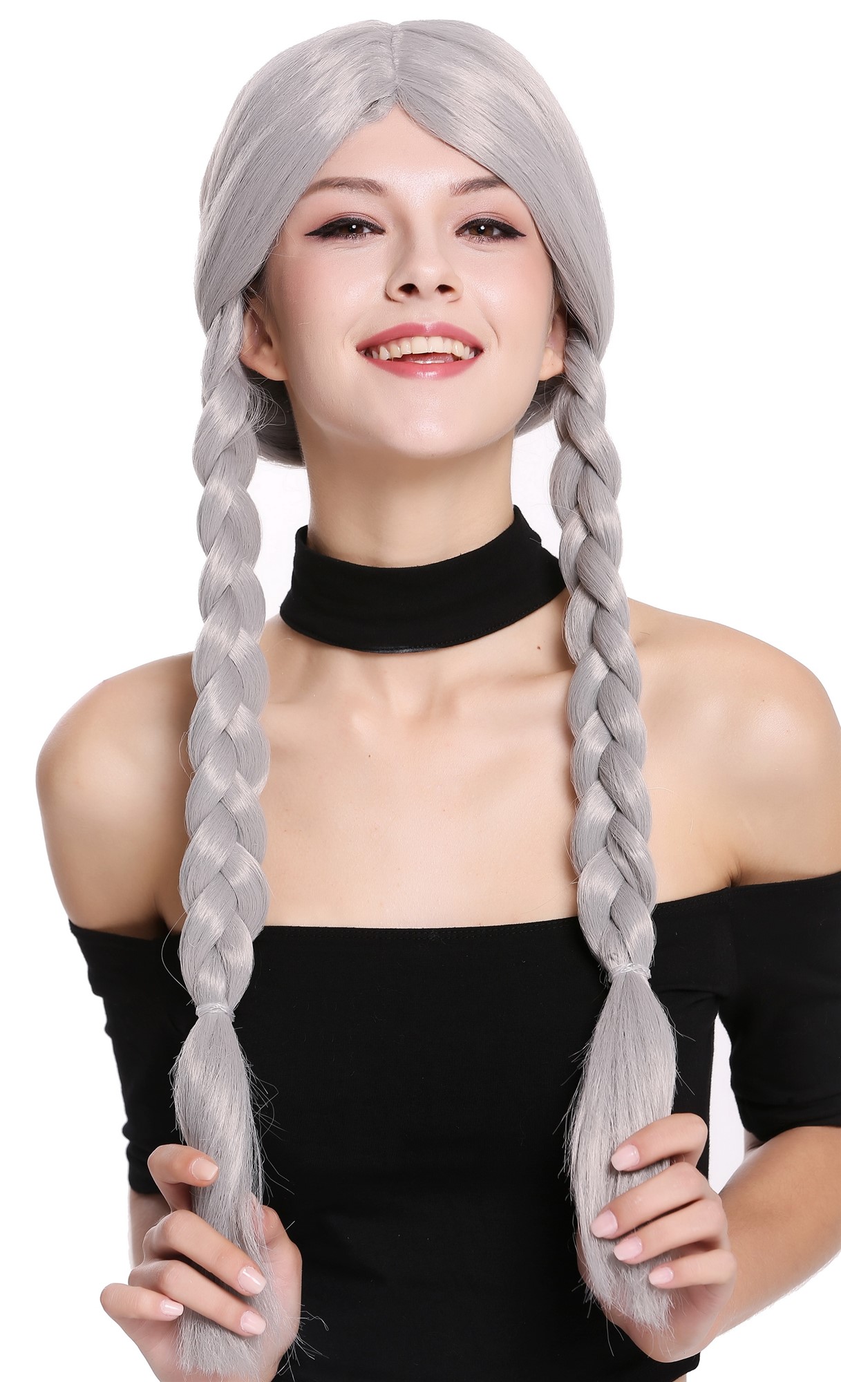 Lady Party Wig grey gray long braided pigtails queues Lolita Schoolgirl 90958, front view, WIG ME UP: Your Perücken Online Shop Party Wig, Ladies, Grey, Braided, long