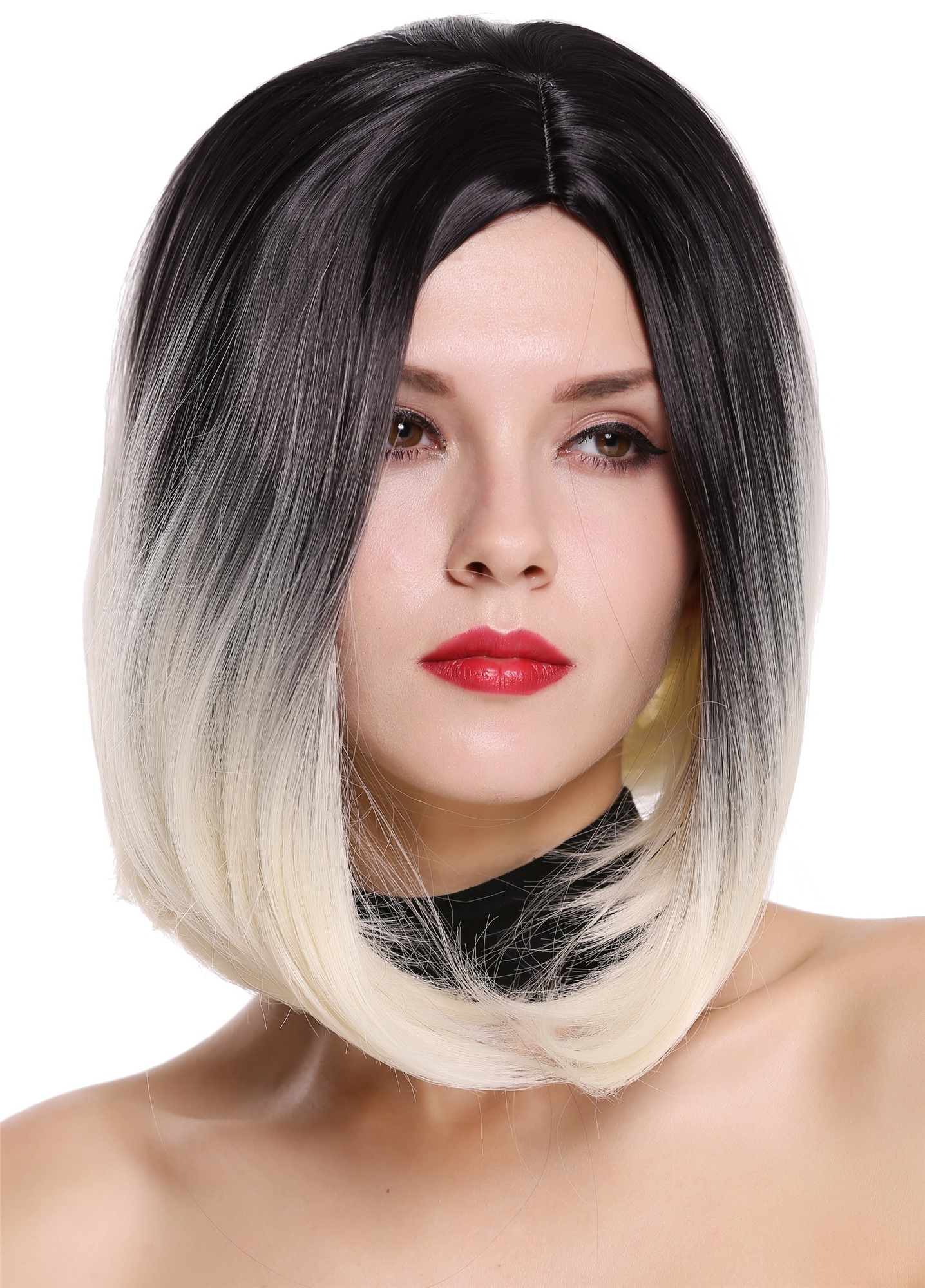 hochwertige Qualitätsperücken, Perücke Bob Longbob Ombre Schwarz Platinblond Mittelscheitel ZM-1691-613R1B, Ansicht 3, WIG ME UP: Ihr Perücken Online Shop glatte Tressen-Perücke mit Kopfhaut-Imitat Schwarz-Platinblond-Mix kurze Haare für Damen