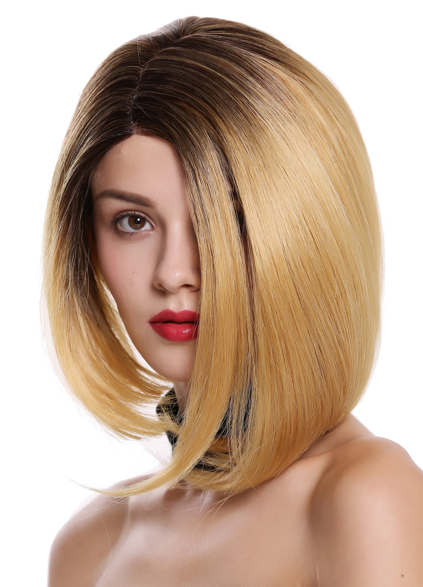 Lady wig lace front mono short sleek long bob ombre dark brown blonde MLC156-MF, view 3, WIG ME UP: Your Perücken Online Shop Quality Wigs, Ladies, orange blonde-dark brown mix, straight, short