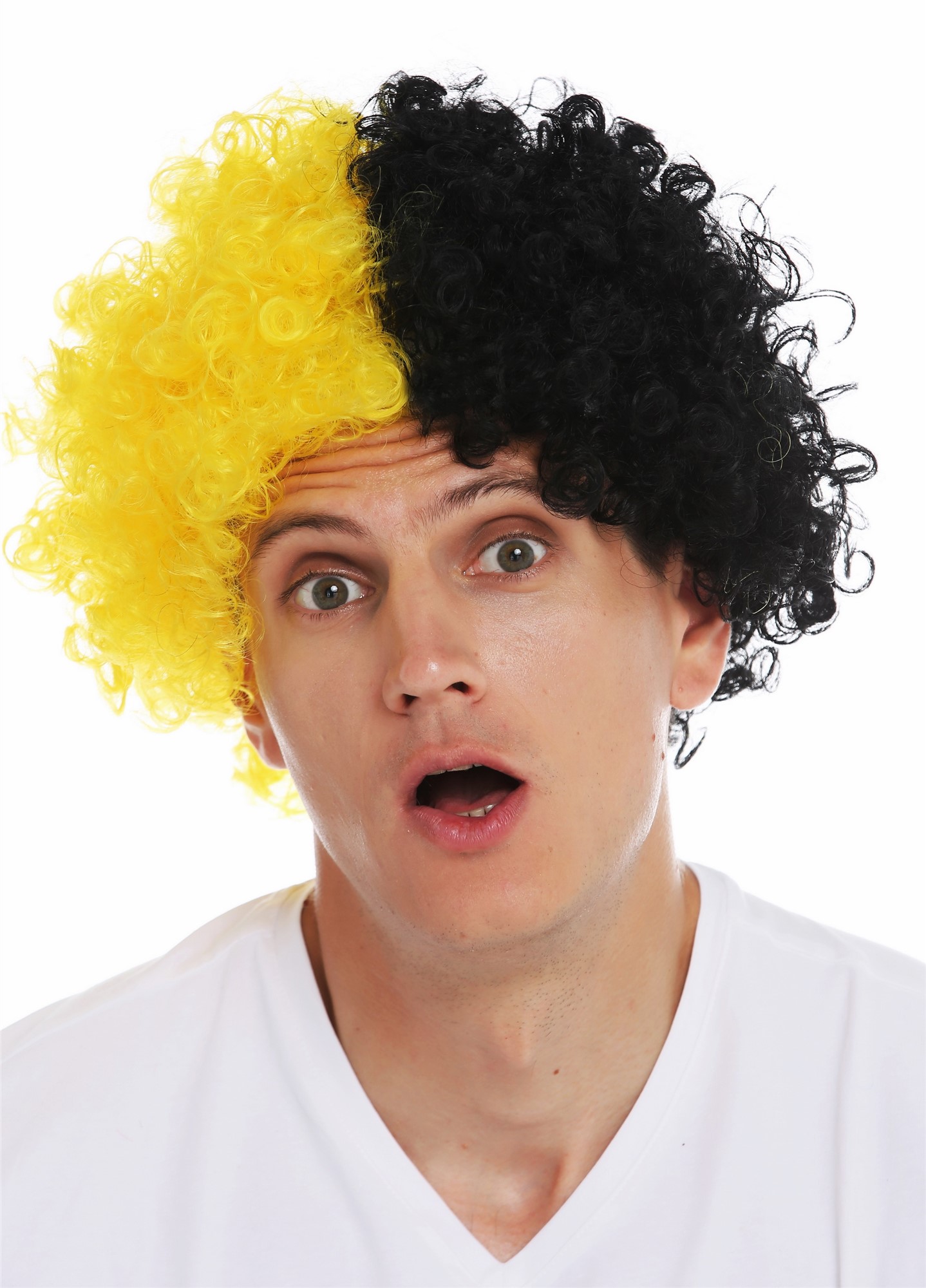 Wig afro fan wig soccer football world cup yellow black half and half MMAM-15M , front view, WIG ME UP: Your Perücken Online Shop Party Wig, Unisex, pitch black and bright yellow mix, curled, short