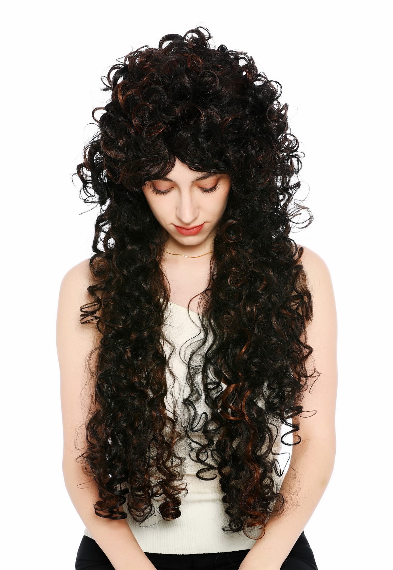 Perücke Damen sehr lang wild gelockt Locken Dunkelbraun Kupferbraun gesträhnt VVK-59-2H30