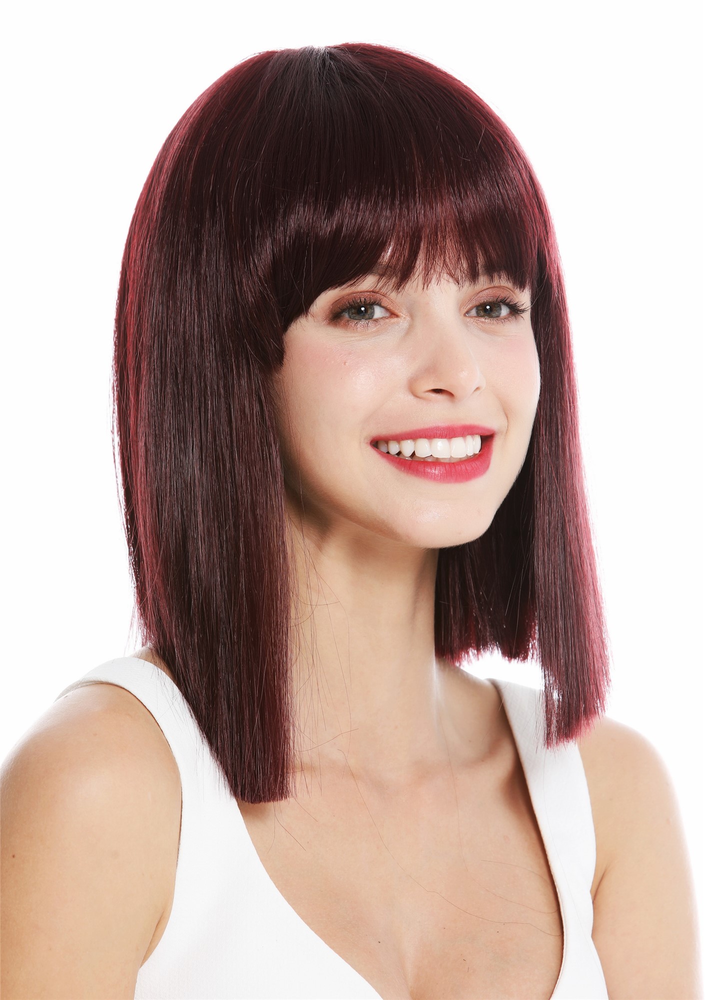 hochwertige Qualitätsperücken, Perücke schulterlang glatt Pony Bordeaux-Rot VK-10-99J, Ansicht 3, WIG ME UP: Ihr Perücken Online Shop glatte Tressen-Perücke mit Kopfhaut-Imitat Auberginerot schulterlange Haare für Damen