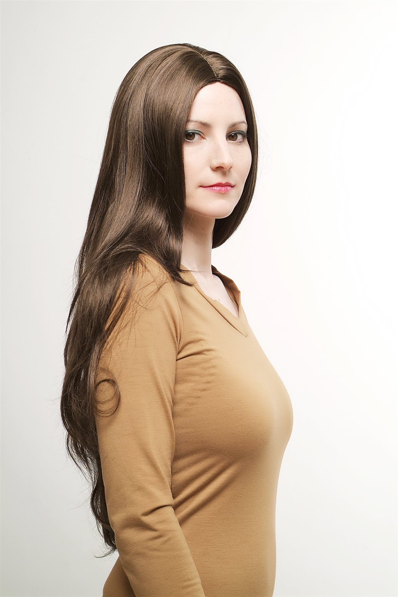 hochwertige Qualitätsperücken, Perücke sehr lang glatt gestuft Mittelscheitel Mittelbraun Braun 3217-8, Ansicht 3, WIG ME UP: Ihr Perücken Online Shop glatte Tressen-Perücke mit Kopfhaut-Imitat Braun sehr lange Haare für Damen