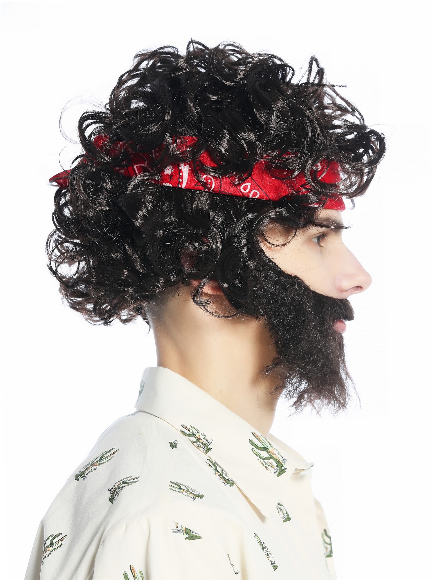 günstige Party Perücke, Perücke Stirnband Bart braun lockig Hippie 70er 80er Retro CW-036-P2, Ansicht 4, WIG ME UP: Ihr Perücken Online Shop lockige Party Perücke Dunkelbraun kurze Haare für Herren