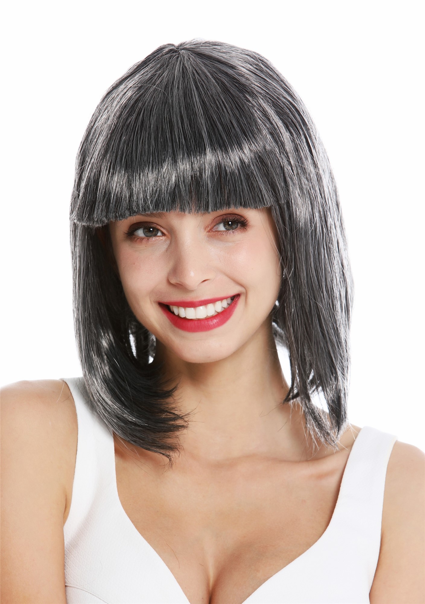 günstige Party Perücke, Perücke Bob-Frisur Longbob glatt Pony Schwarz Grau Mix 0073-3-ZA103-ZA68A, Vorderansicht, WIG ME UP: Ihr Perücken Online Shop glatte Party Perücke Schwarz-Grau-Mix kurze Haare für Damen