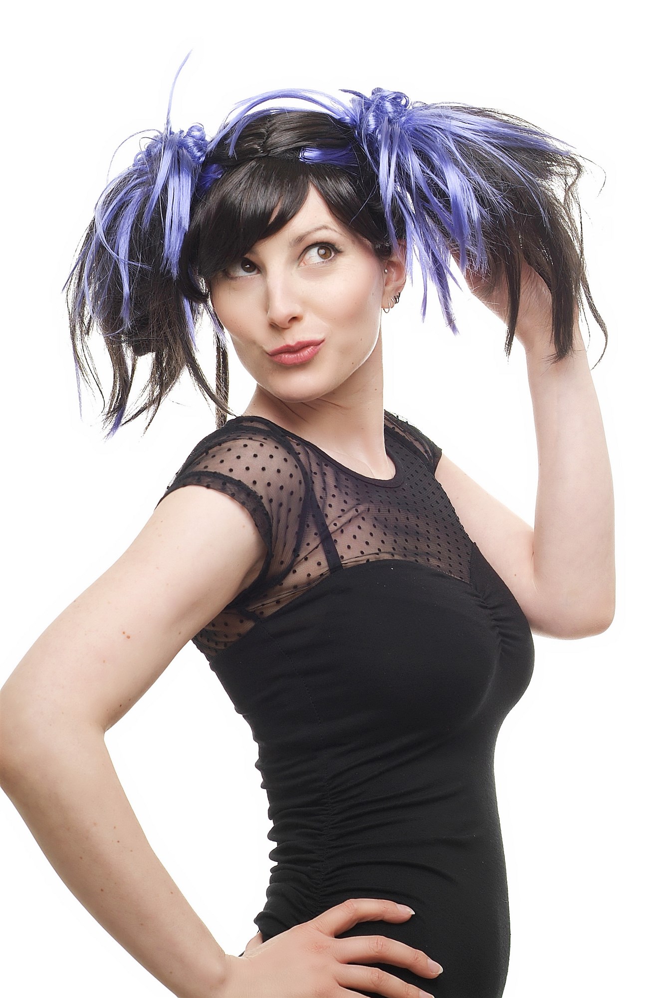 günstige Party Perücke, Perücke Cosplay Schwarz Lila Zöpfe 87110-P1-C10, Ansicht 5, WIG ME UP: Ihr Perücken Online Shop wellige Party Perücke Schwarz schulterlange Haare für Damen