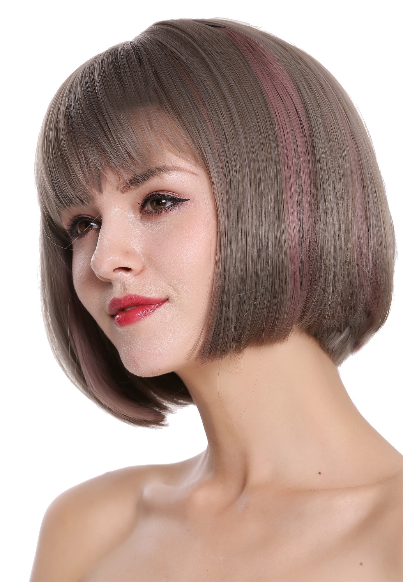 hochwertige Qualitätsperücken, Perücke kurz Bob Pony Grau Braun Rosa D3067-8A/10A/612, Ansicht 3, WIG ME UP: Ihr Perücken Online Shop glatte Tressen-Perücke mit Kopfhaut-Imitat Aschgrau-Goldbraun-Pastellrosa-Mix kurze Haare für Damen