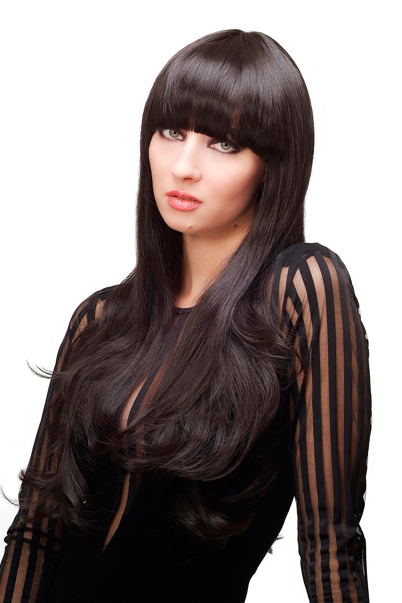 hochwertige Qualitätsperücken, Divenhafte Damen Perücke Dunkelbraun Lang Gewellt Pony G3920-4, Vorderansicht, WIG ME UP: Ihr Perücken Online Shop wellige Tressen-Perücke mit Kopfhaut-Imitat Dunkelbraun lange Haare für Damen